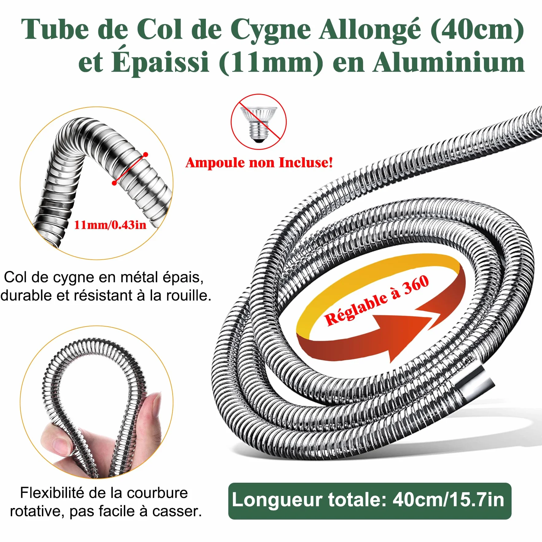 Lampe Chauffante pour Reptile avec Col de Cygne 11 mm 40 cm, Douille E27 Céramique Dimmable