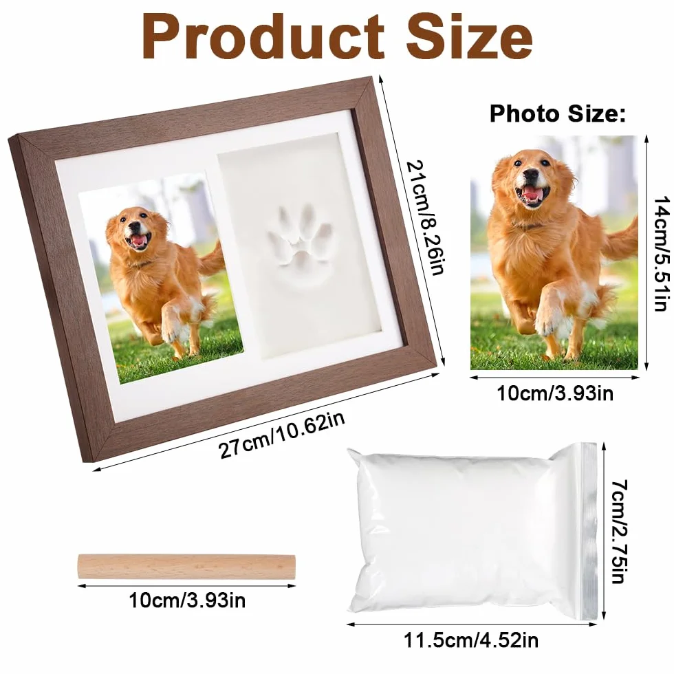 Kit Empreinte Chat et Chien avec Photo 14 x 10 cm, Argile et Bâton en Bois, Cadeau Souvenir pour Propriétaire de Chien