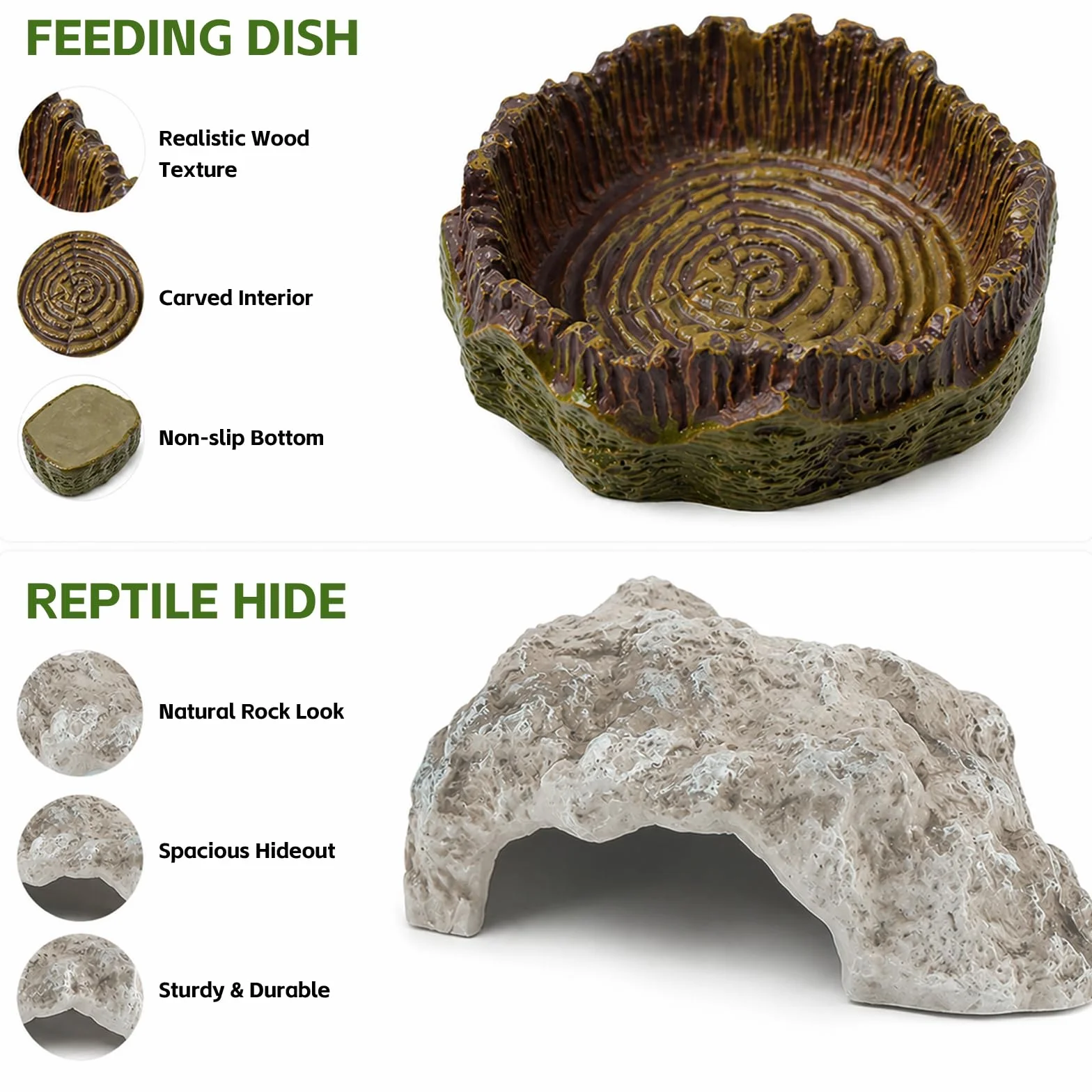 Cachette de Roche Reptiles avec Gamelle Grotte pour Tortue Terrestre Terrarium Décoration pour Petits Lézards Tortues