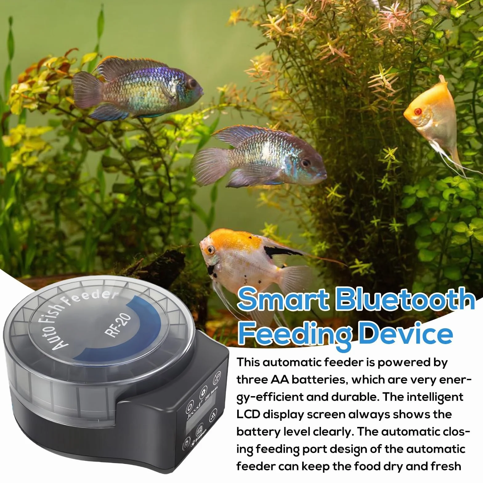Distributeur Nourriture Poisson Automatique, Distributeur Poisson Nourriture avec Minuterie, 108ml Réglable pour Poudre, Granulés Et Pellets, Fonctionne sur Piles
