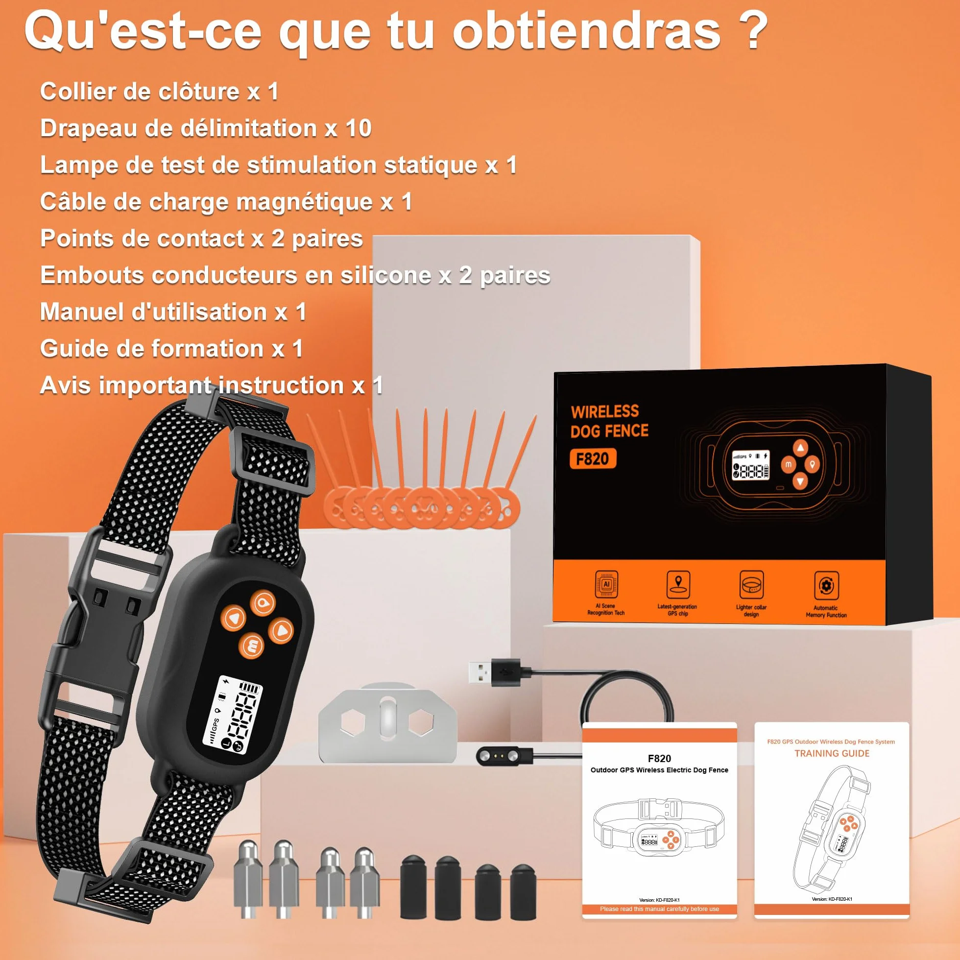Collier Anti Fugue Chien sans Fil GPS IPX7 Étanche 3 Modes Clôture Anti-Fugue Rayon 22-999M
