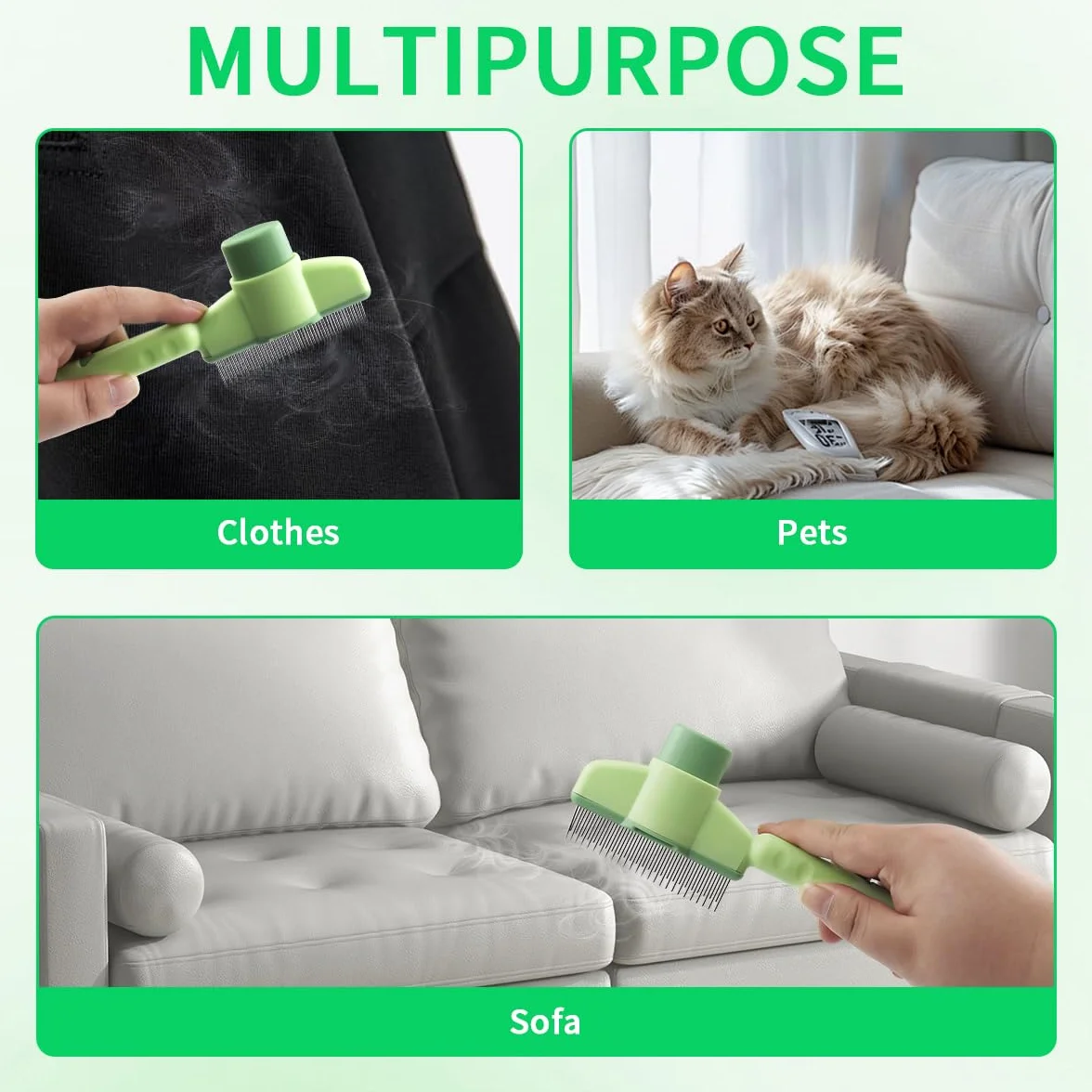 Peigne anti-puces autonettoyant pour chats, brosse de toilettage avec bouton, nettoyage rapide poils errants (vert)