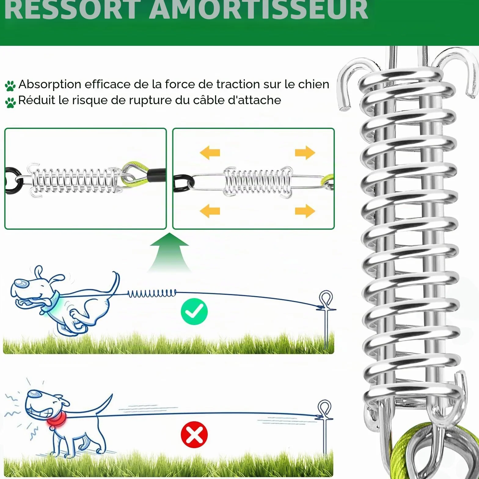 Hofleine Câble industriel en acier inoxydable 9M pour grands chiens avec tampon à ressort laisse extra longue étanche testé TÜV