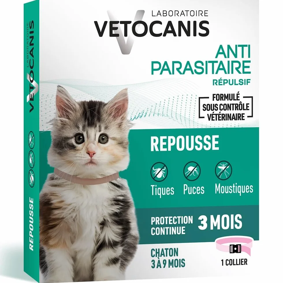 Collier anti-puces et anti-tiques pour chaton Vetocanis - Protection antiparasitaire 3 mois résistant à l'eau
