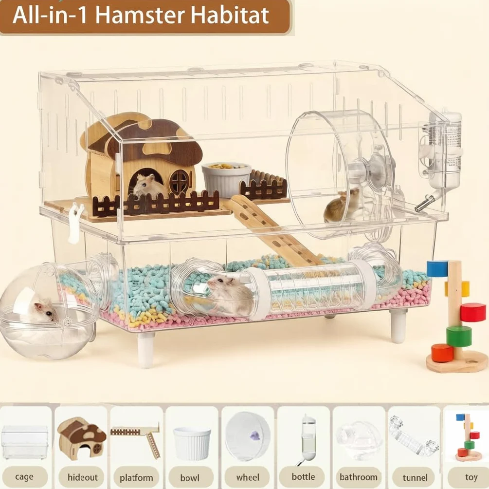 Cage à hamster en acrylique transparent avec roue d'exercice, maison en bois et accessoires