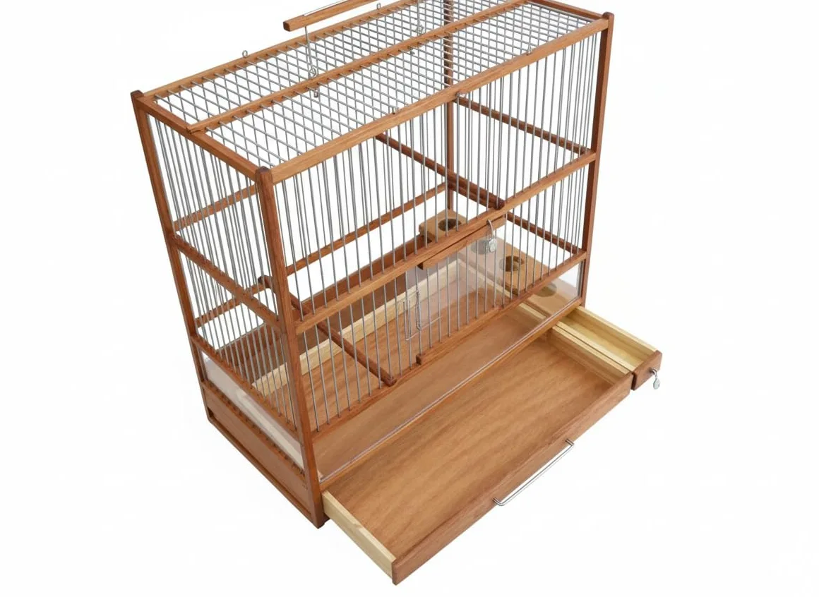 Grande cage à oiseaux en bois fabriquée à la main, plateau coulissant, plexiglas