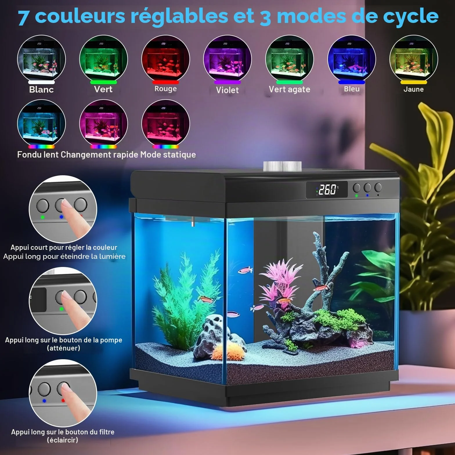 AQQA Kit de Démarrage Aquarium 14 L en Verre avec Filtre LED, 10 Couleurs Réglables, Nano Betta