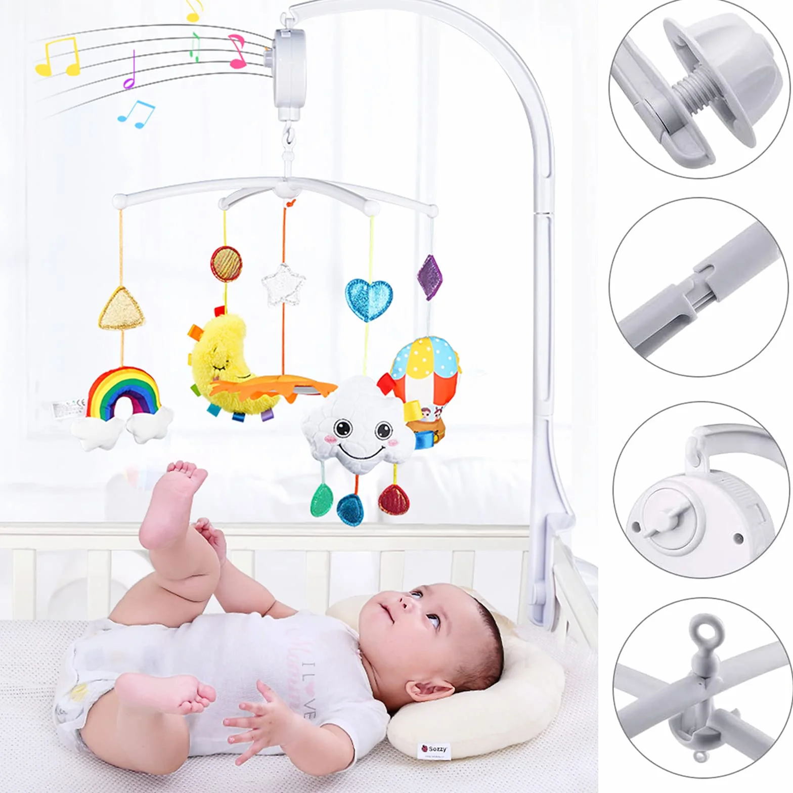 Support Mobile pour Lit Bébé 68 cm avec Boîte à Musique Légère