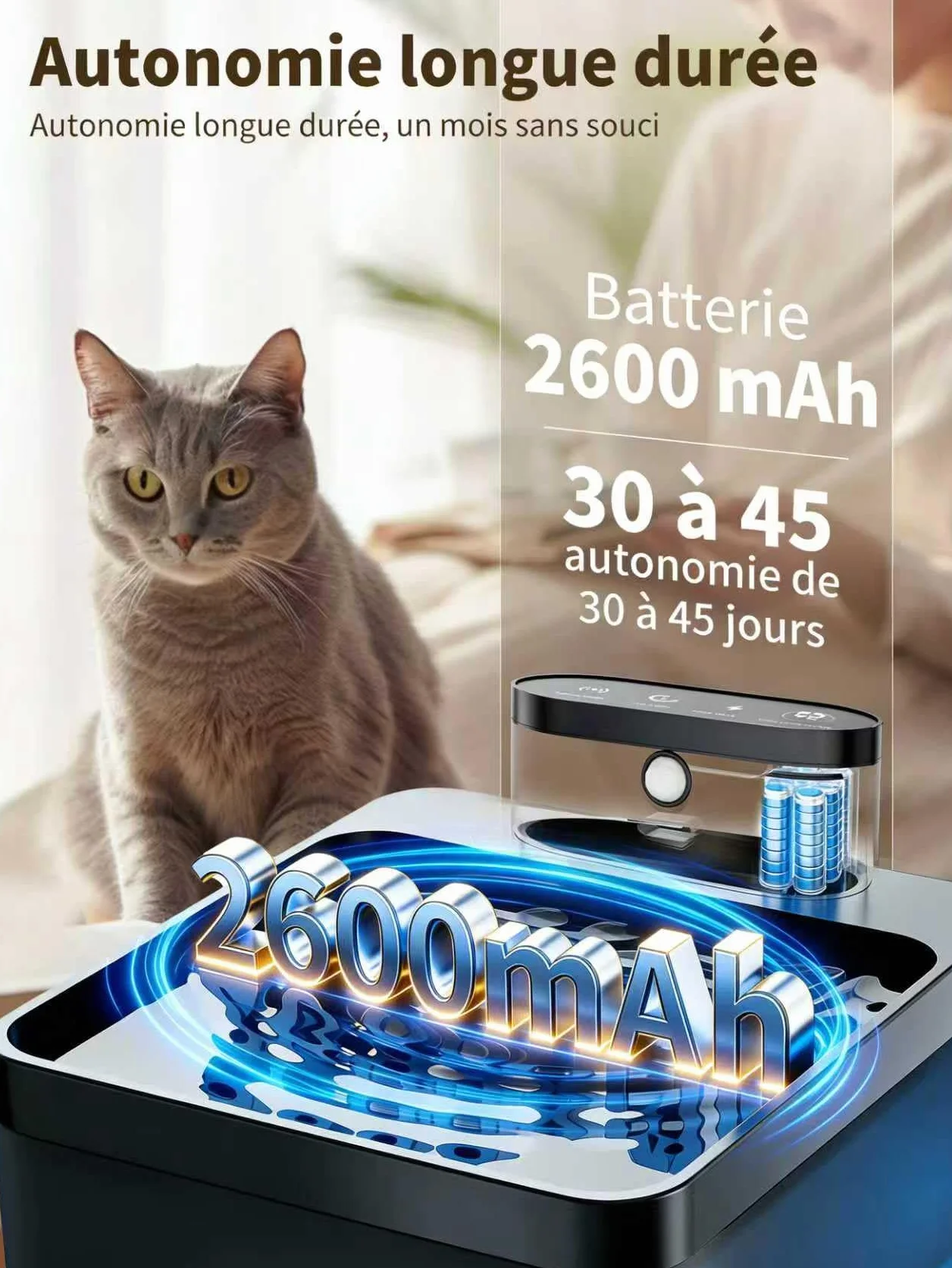 Fontaine à Eau pour Chat sans Fil 2.2L Filtration Multiple résistante aux éclaboussures