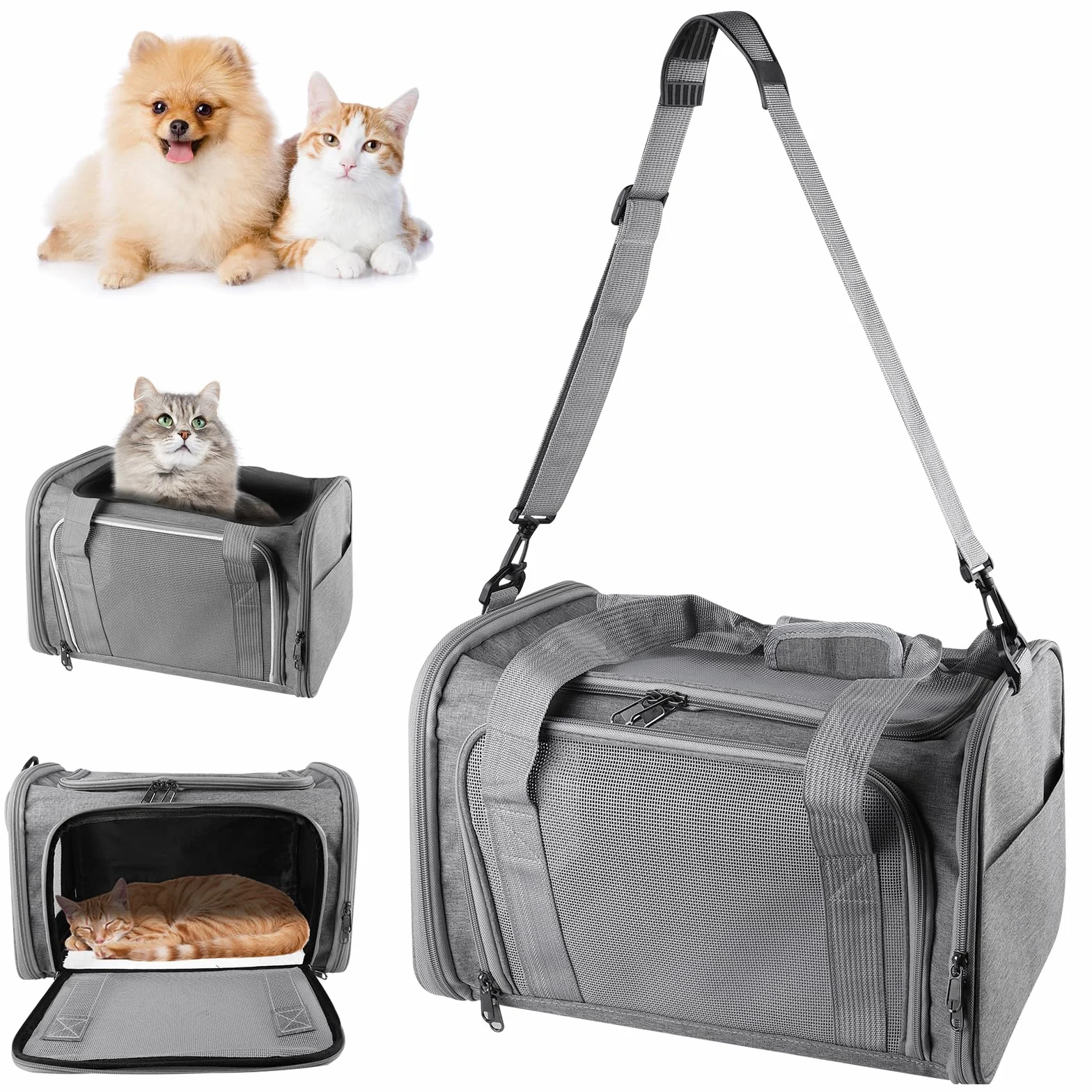 Sac de transport pour chat pliable avec bandoulière léger respirant 40 x 25 x 25 cm gris