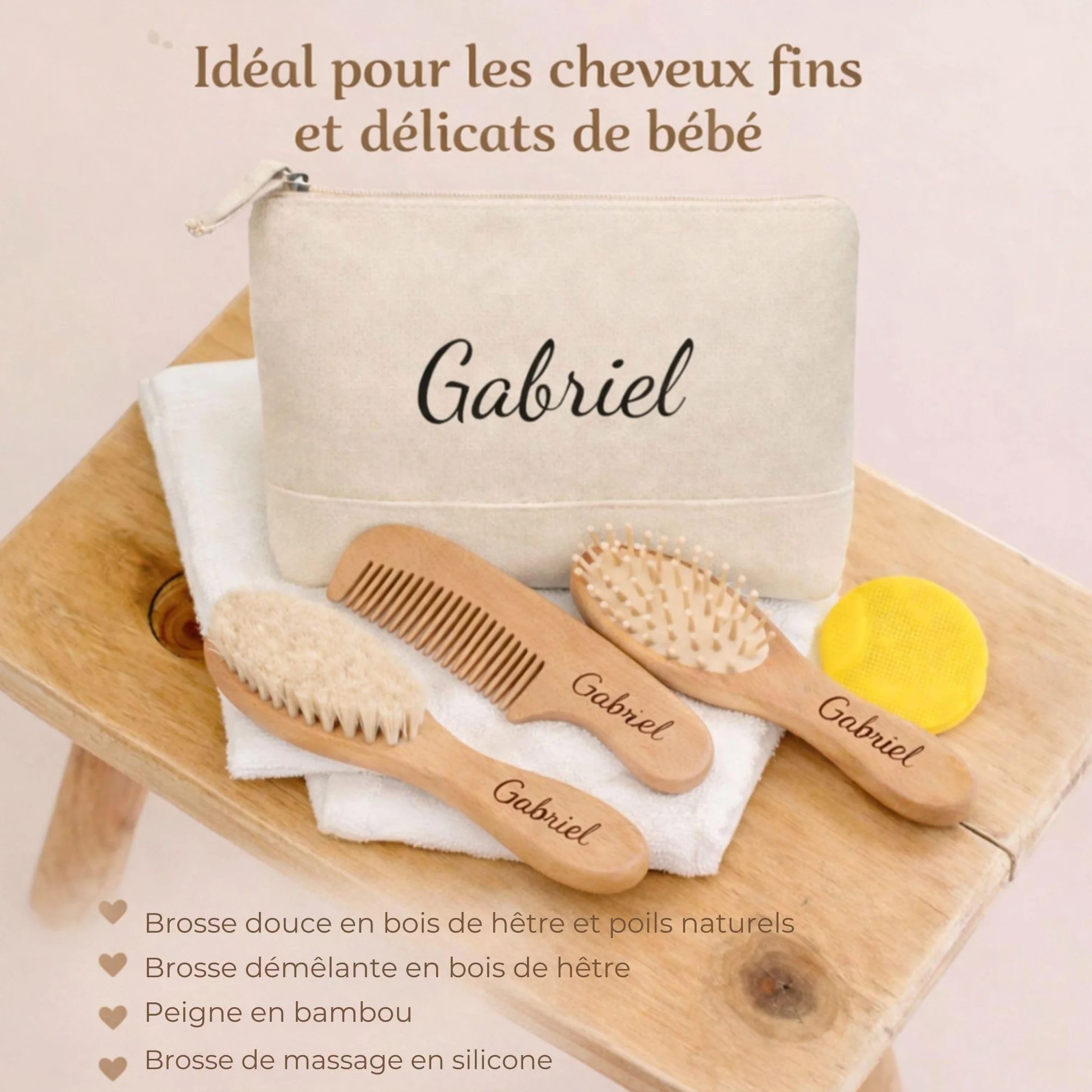 Brosses & Peigne bébé personnalisés Prénom Gravé Trousse de toilette bébé Prénom Brodé Ensemble 5 pièces