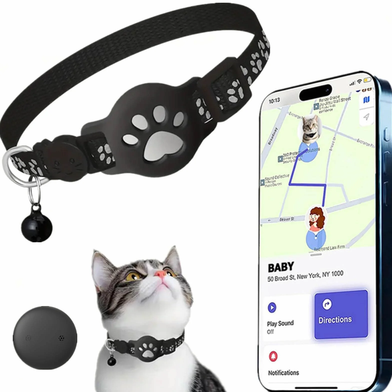 Collier GPS Chat Traceur sans Abonnement Mensuel Localisation Temps Réel Imperméable Anti-Perte pour Chats Extérieur Noir