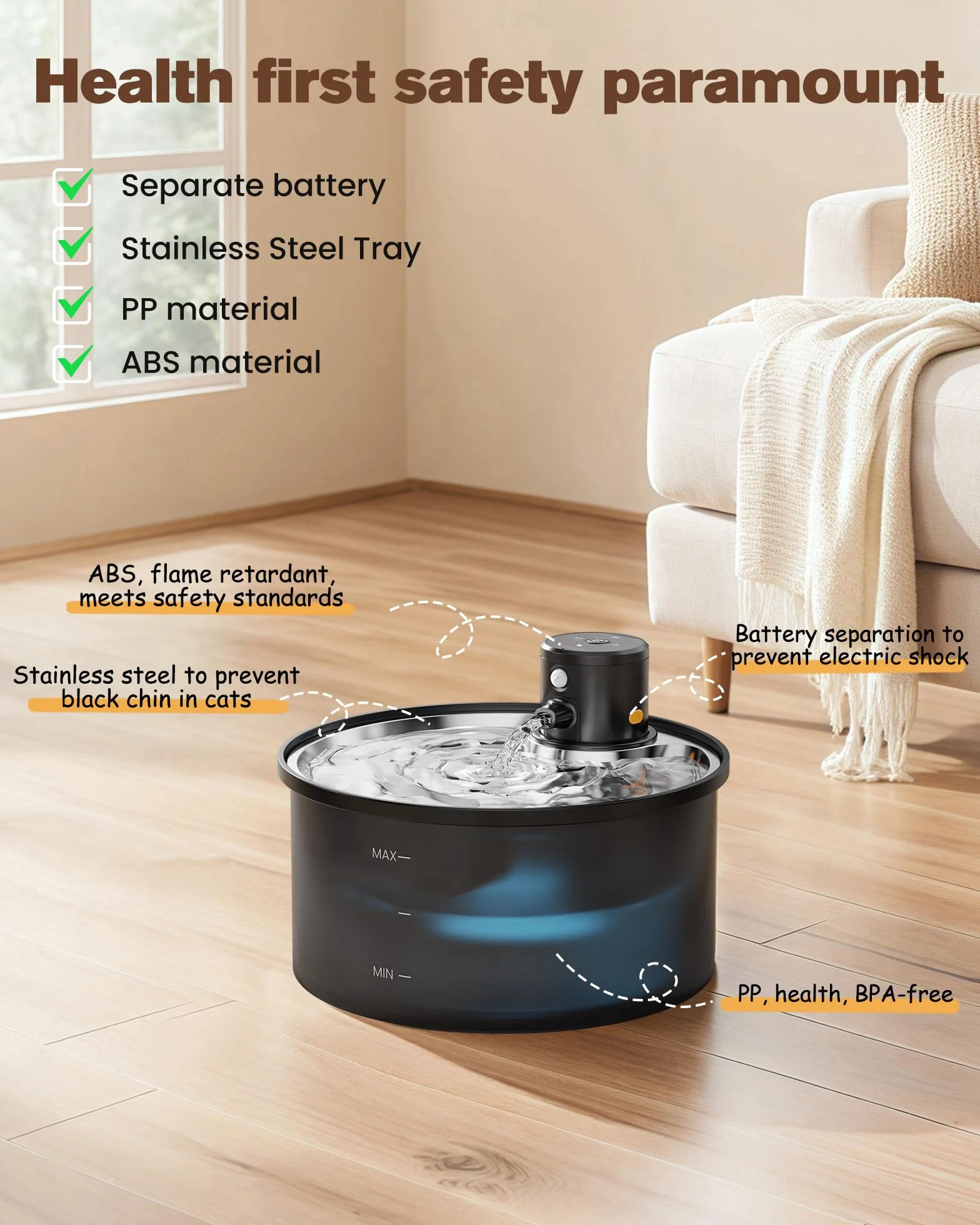 Fontaine à Eau pour Chat sans Fil avec Détecteur de Mouvement 3,2L Distributeur Automatique à Pile Batterie 4000mAh Rechargeable INOX