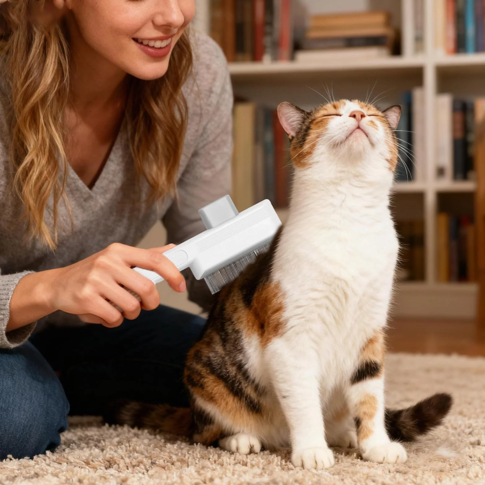 Peigne Anti-puces Autonettoyant pour Chats avec Bouton de Libération, Brosse de Toilettage Blanc