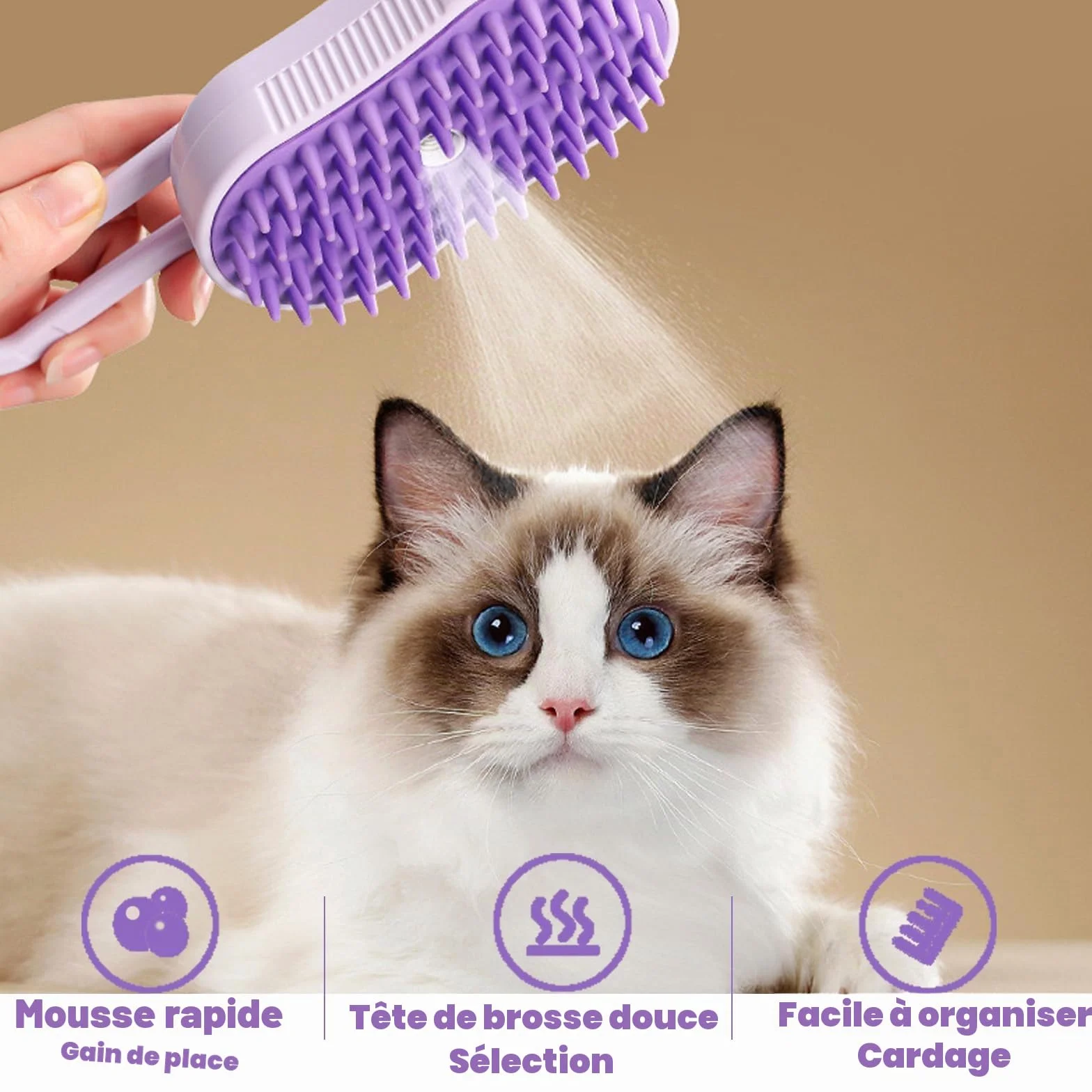 Brosse à vapeur 3 en 1 pour chat et chien - Brosse de toilettage à vapeur