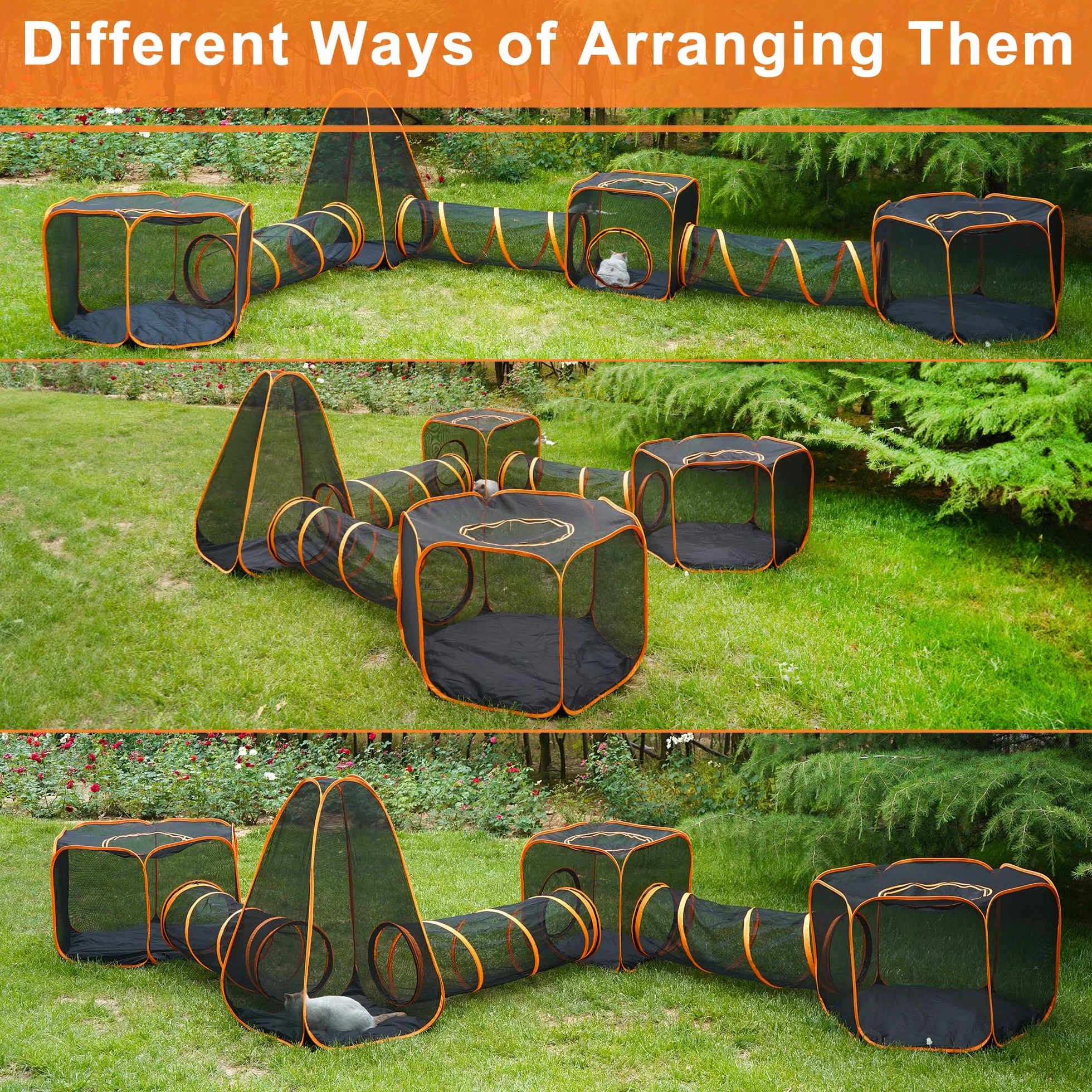 Enclos pliable pour chat Parc d'extérieur portable avec tente en maille et trois tunnels 7 en 1