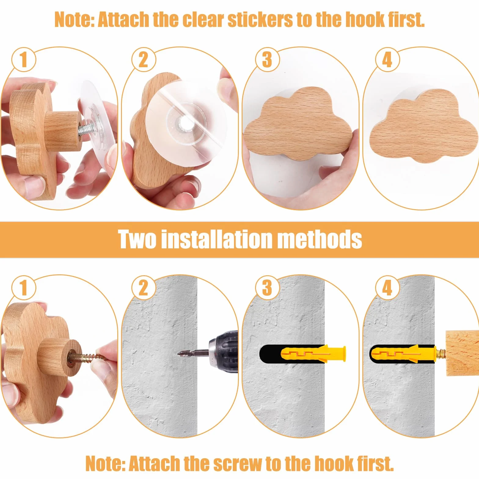 Lot de 6 boutons d'armoire en bois pour chambre d'enfant - Étoiles, lune, nuages - Poignées en bois