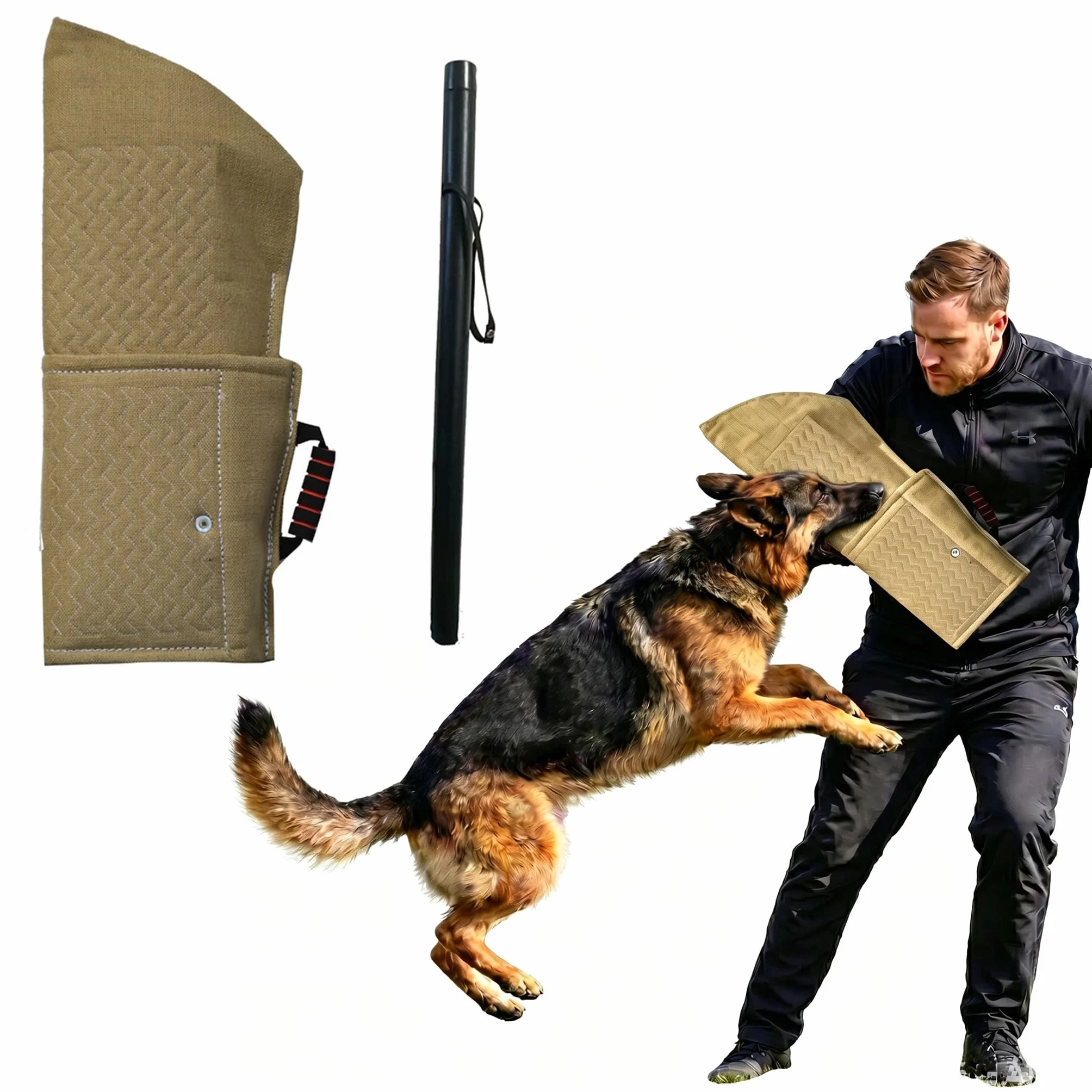 Manchon Professionnel pour Chien, Équipement d'Agilité, Protection du Bras de Dressage + Kit Bâton Cuir PU