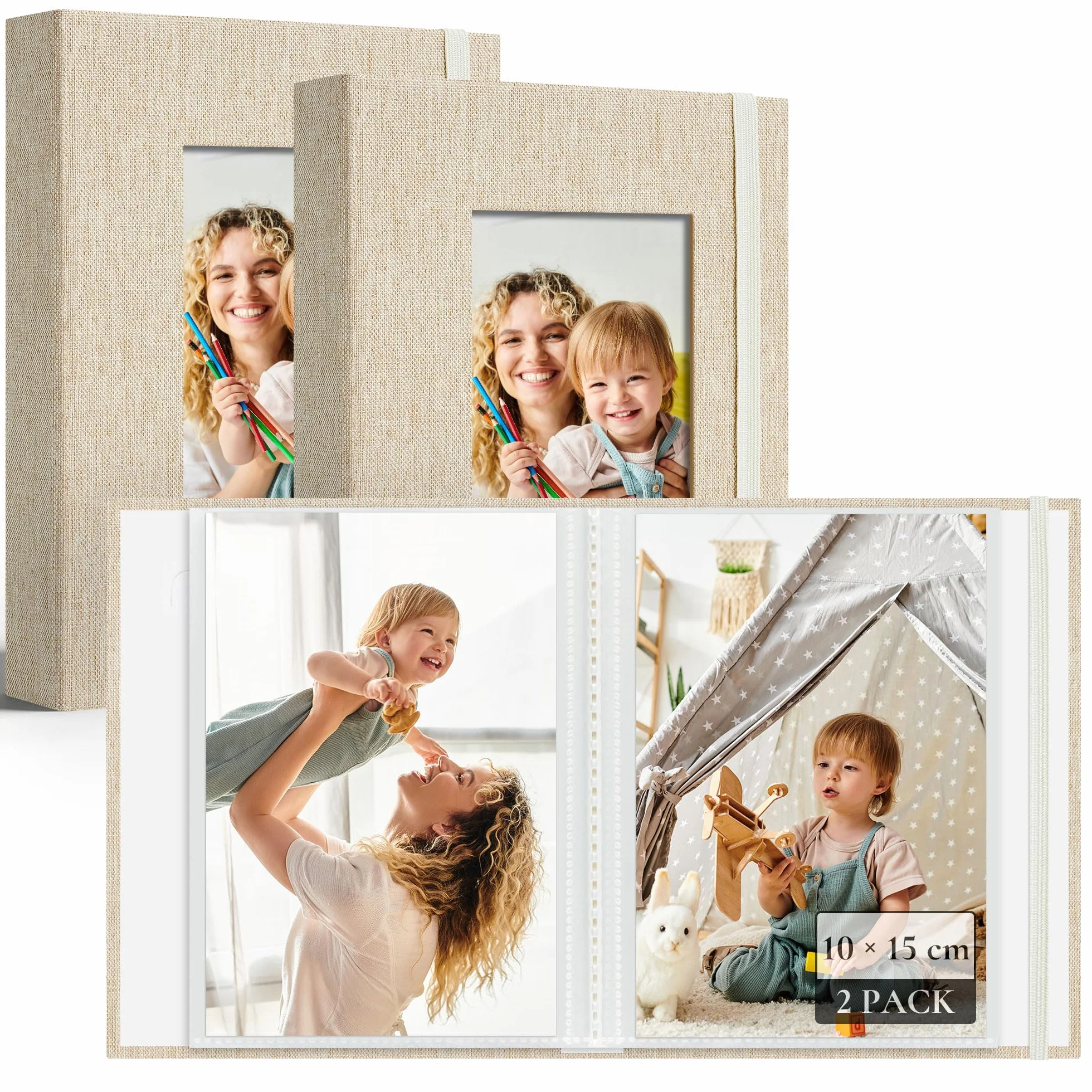 Petit Album Photo 10x15 cm, 2 Paquets Mini Albums Photos avec Fenêtre Personnalisée, Couverture en Lin, 26 Poches 52 Photos, Beige