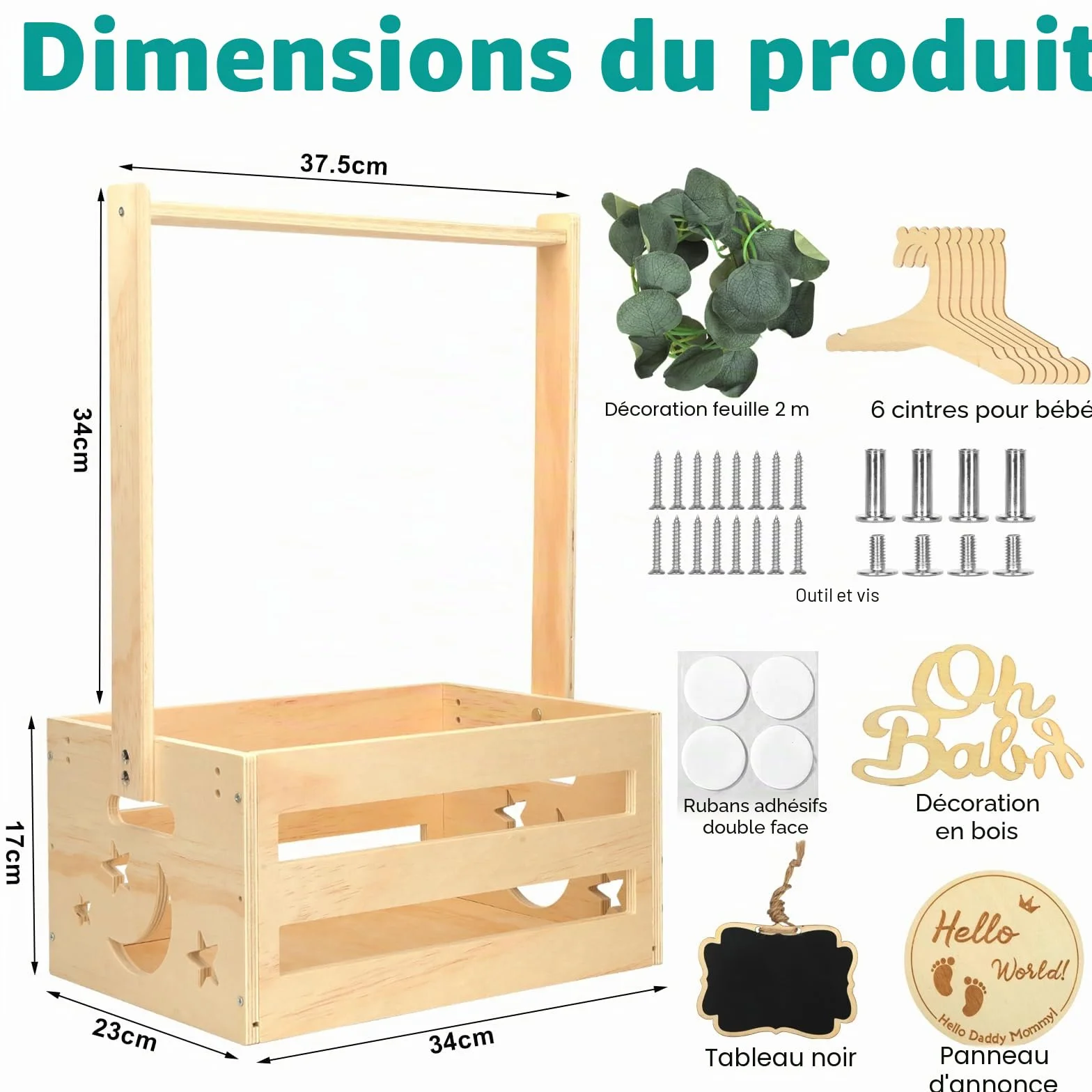 Panier Cadeau En Bois avec Poignée, Rangement Bébé 6 Cintres, Caisse en Bois Baby Shower