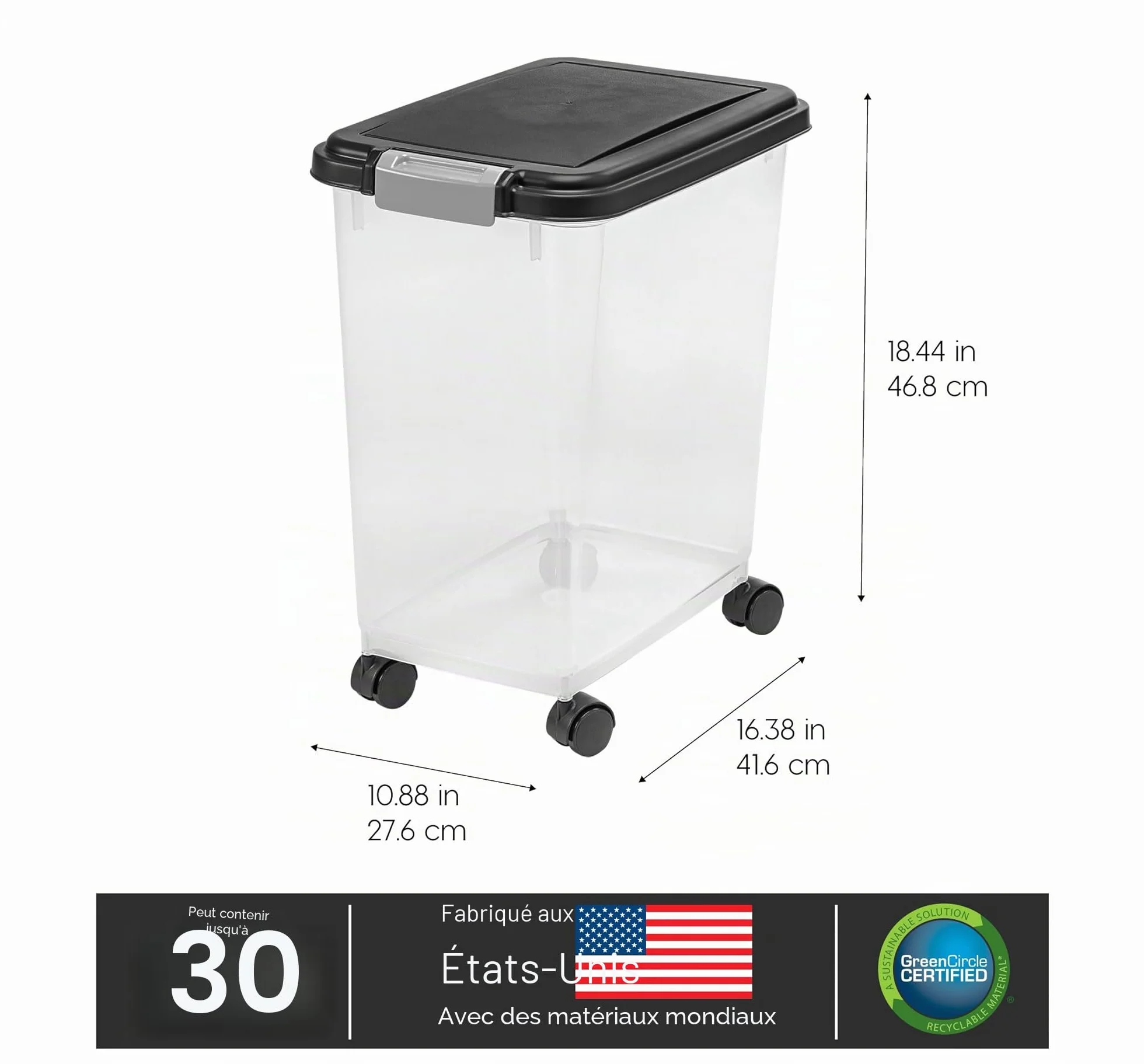 Iris Ohyama Boite Croquettes Chat Hermetique 30L 10kg Noir Plastique sans BPA