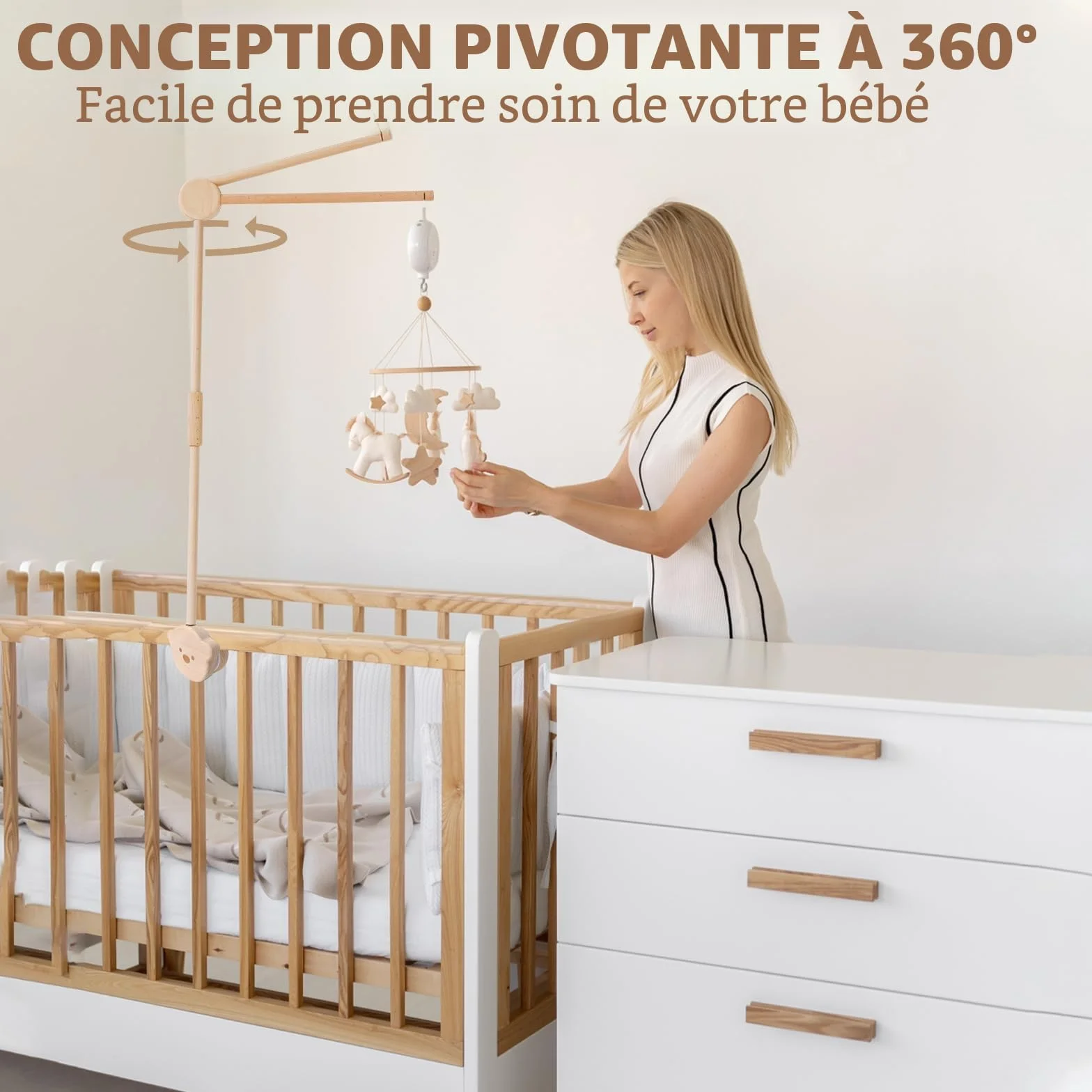 Support Mobile Bébé Bois, Bras Mobile Rotatif, Base Ours, Lit Enfant Table à Langer