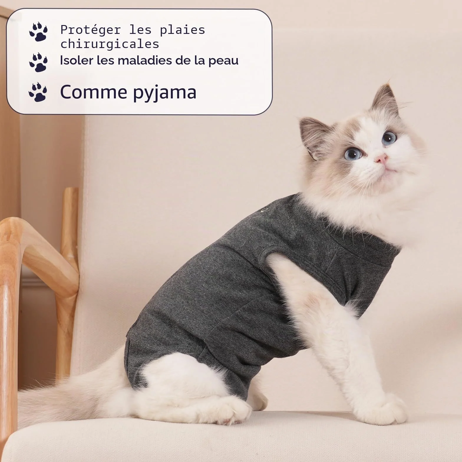 Combinaison de convalescence pour chat en coton gris taille S M L alternative au collier et cône de récupération post-chirurgicale