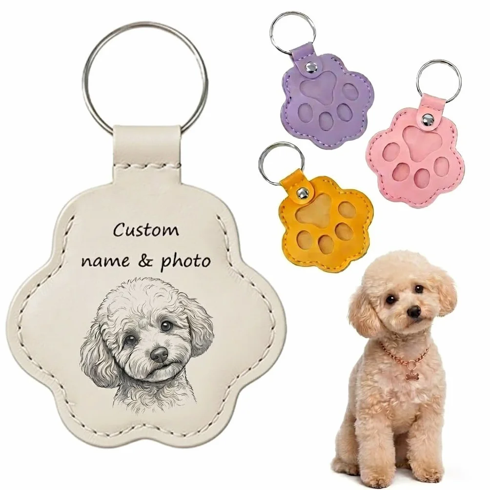 Porte-clés Photo et Nom pour Chien ou Chat, Boîte à Poils en Cuir Gravé, Cadeau Portable pour Amoureux des Animaux