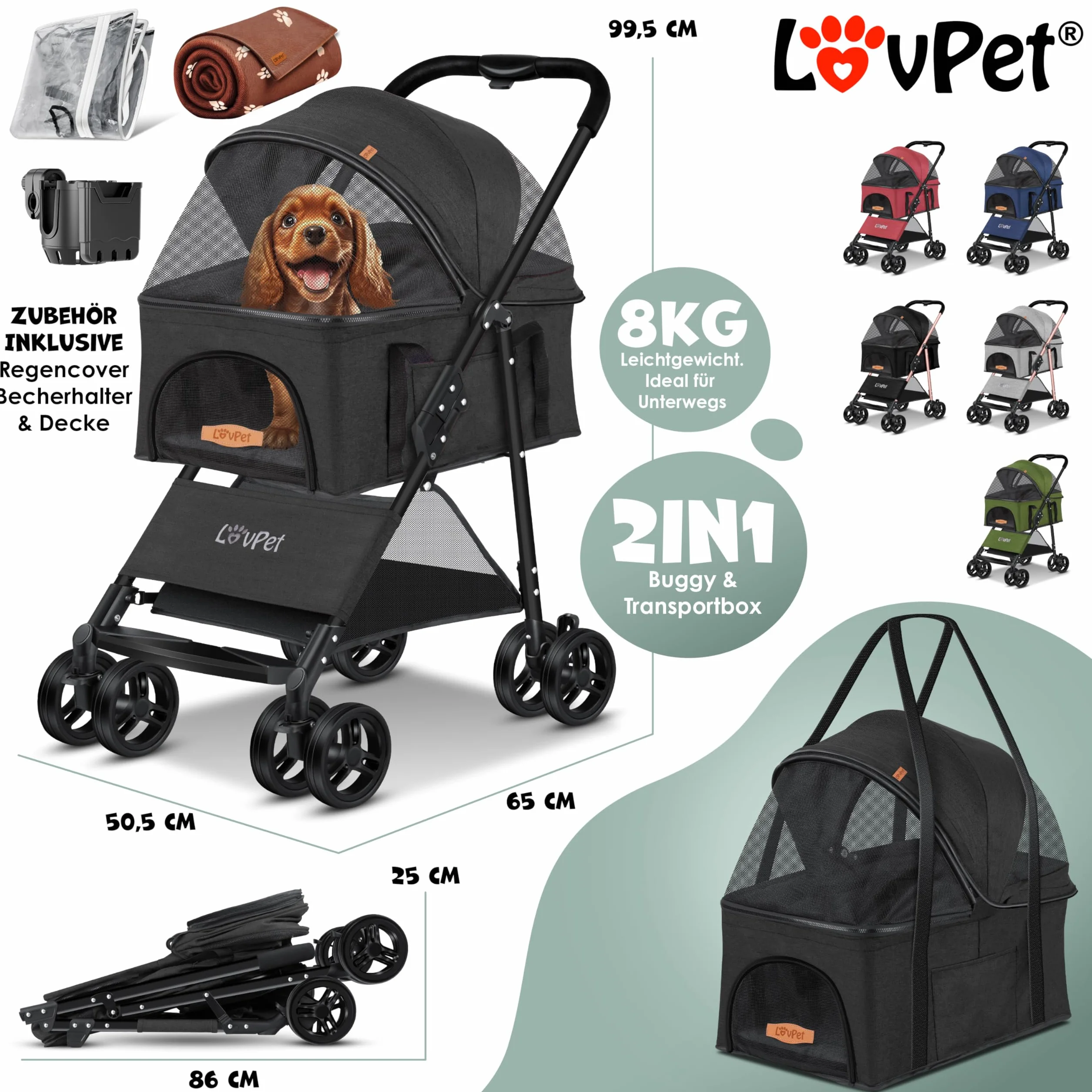 Lovpet Poussette 2 en 1 pour chien pliable jusqu'à 20 kg Anthracite