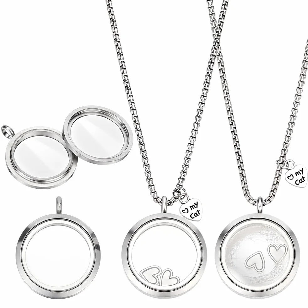 PH PandaHall Collier Souvenir Poils de Chat 304 Acier INOX Pendentifs Médaillon 29.5mm Verre Transparent Bijoux Crémation