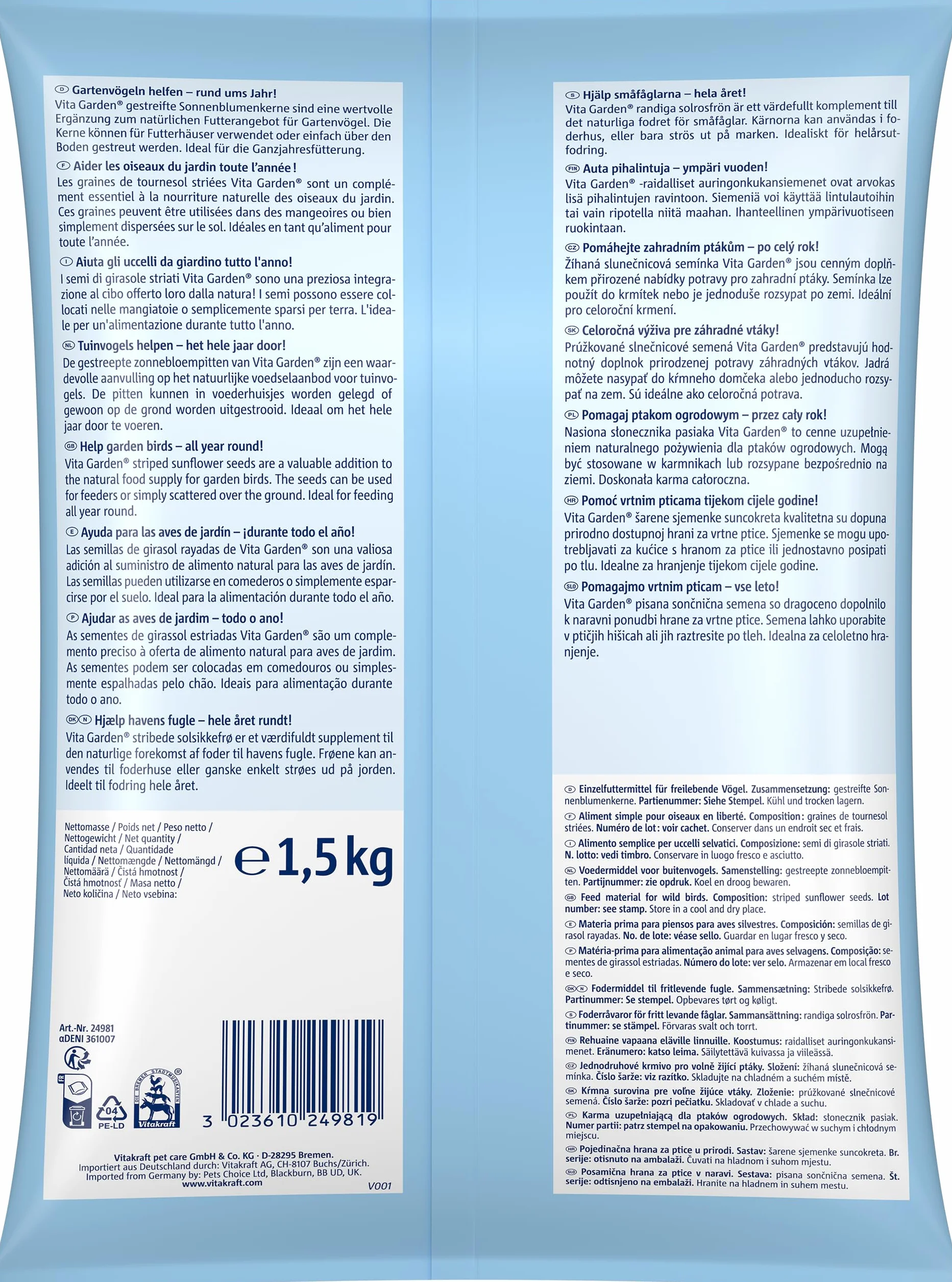 VITAKRAFT Vita Garden Alimentation Complète Pour Oiseaux Extérieurs Graines de Tournesol Strié 1,5kg