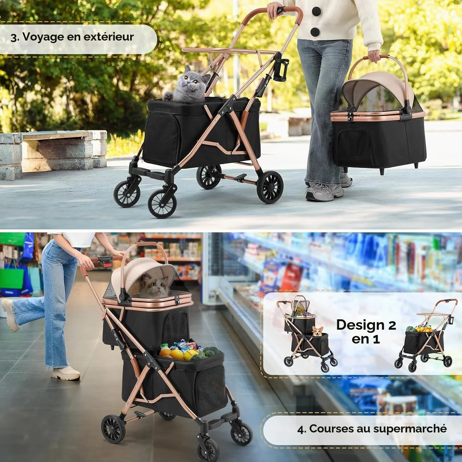 MAMIZO Poussette Double pour Chien, Pliable Poussette pour 2 Animaux Jusqu'à 15 kg, Transporteur pour Chats avec Coussins et Porte-gobelet, sac de Transport pour Cage pour Chien, 4 PCS Roues, Noir