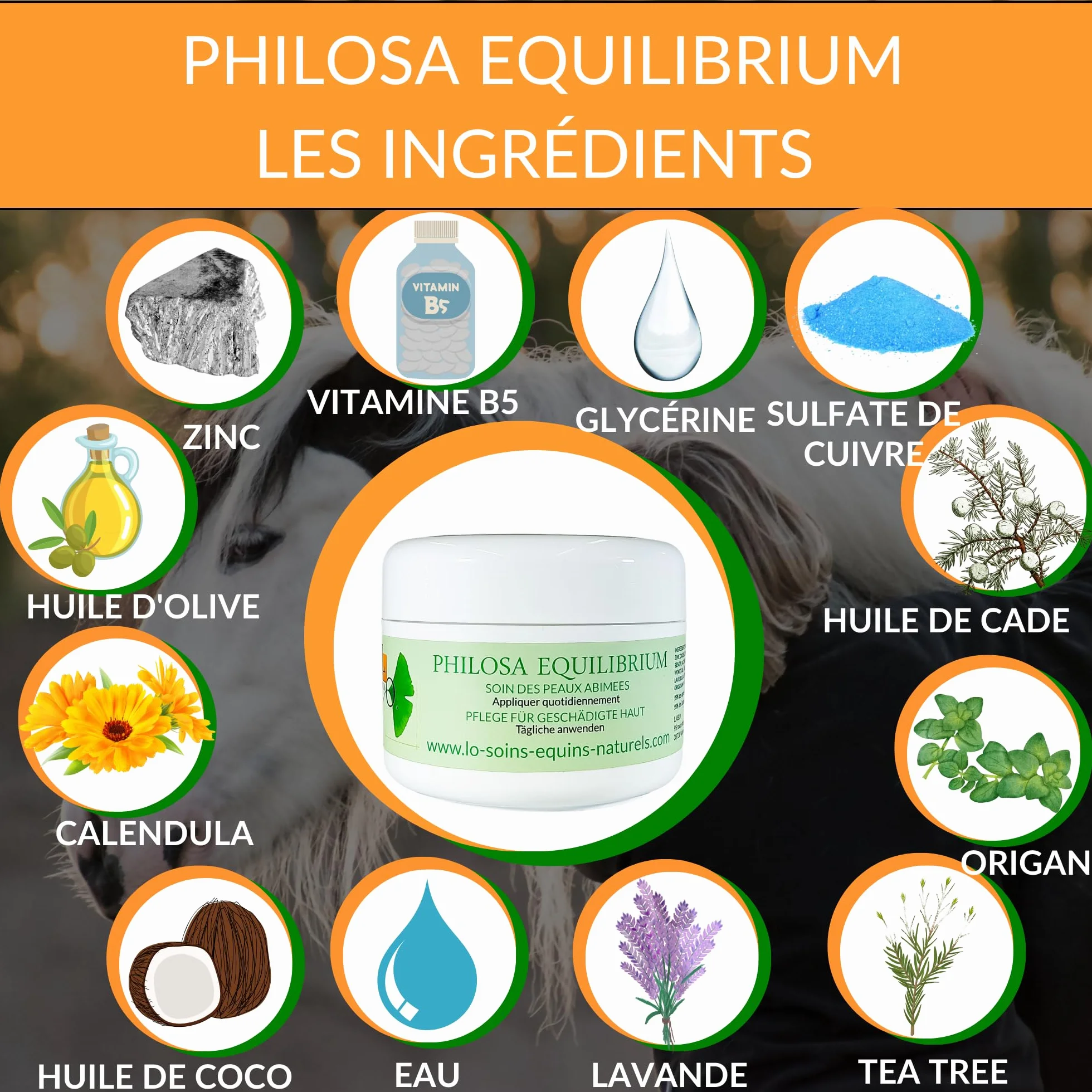 Philosa Equilibrium Soin Naturel Peaux Abimées Chevaux Calendula Tea Tree Lavande Origan Huile de Cade 250mL