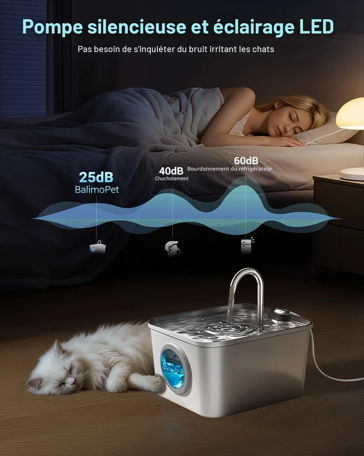 Fontaine à Eau Chat INOX 2,6L Acier Inoxydable Automatique Silencieuse avec Système de Quadruple Filtration