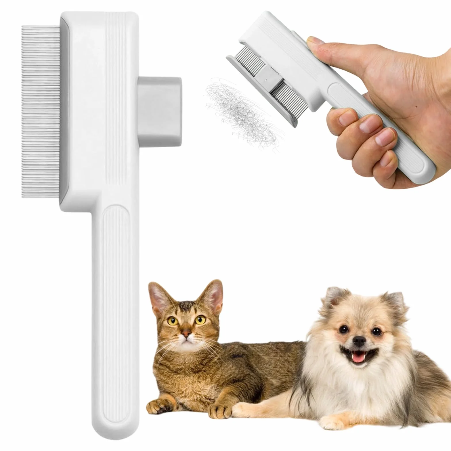 Peigne Anti-puces Autonettoyant pour Chats avec Bouton de Libération, Brosse de Toilettage Blanc