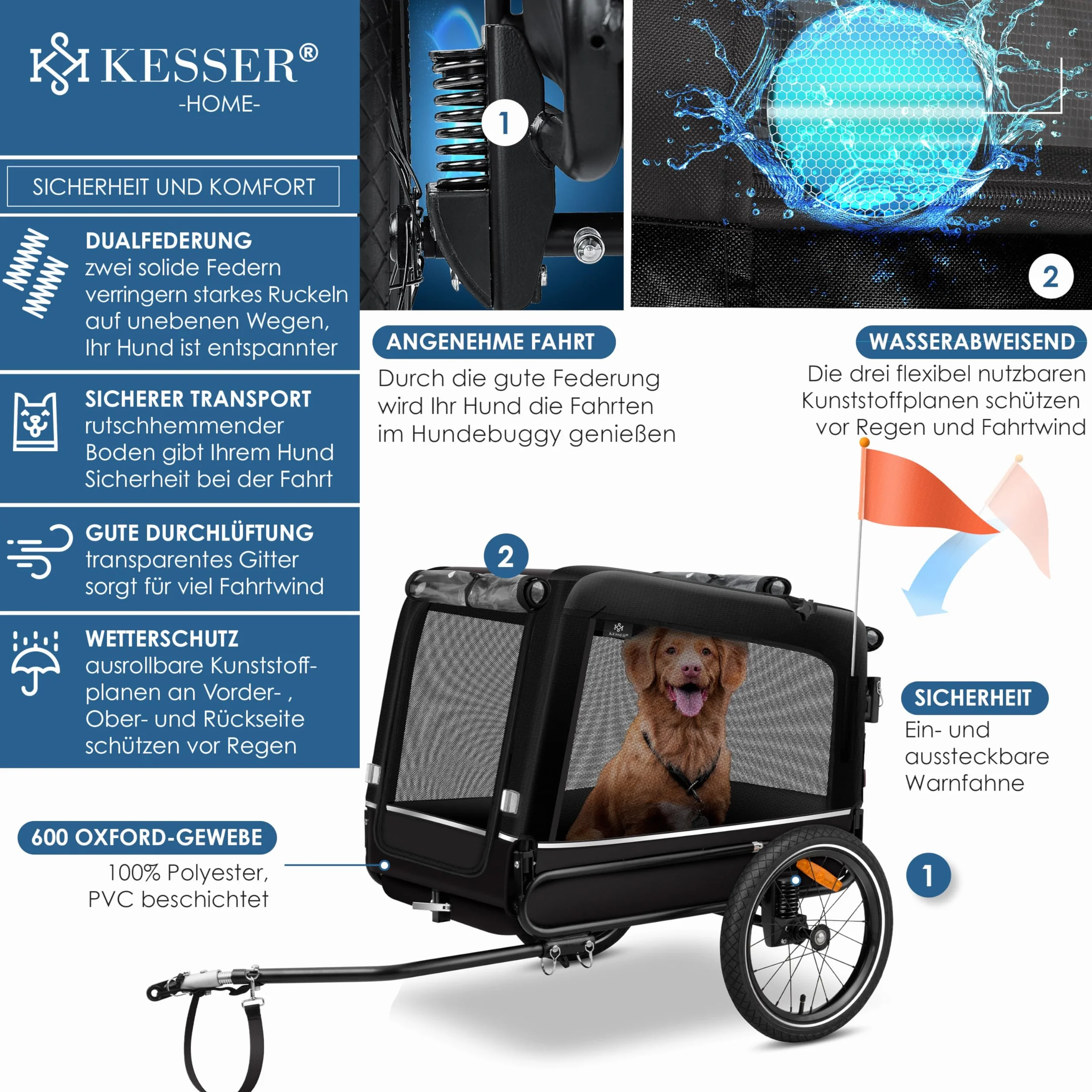 KESSER Remorque de vélo pour Chien XXL 240 litres avec suspensions imperméable capacité de charge 40 kg