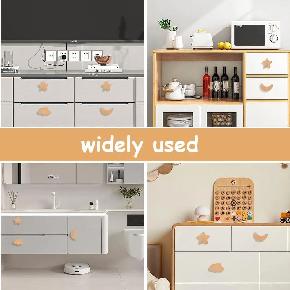 Poignées de Meubles en Bois Aolso, 6pcs Nuages Étoiles Lune, Poignée d'Armoire Tiroir Chambre Enfant
