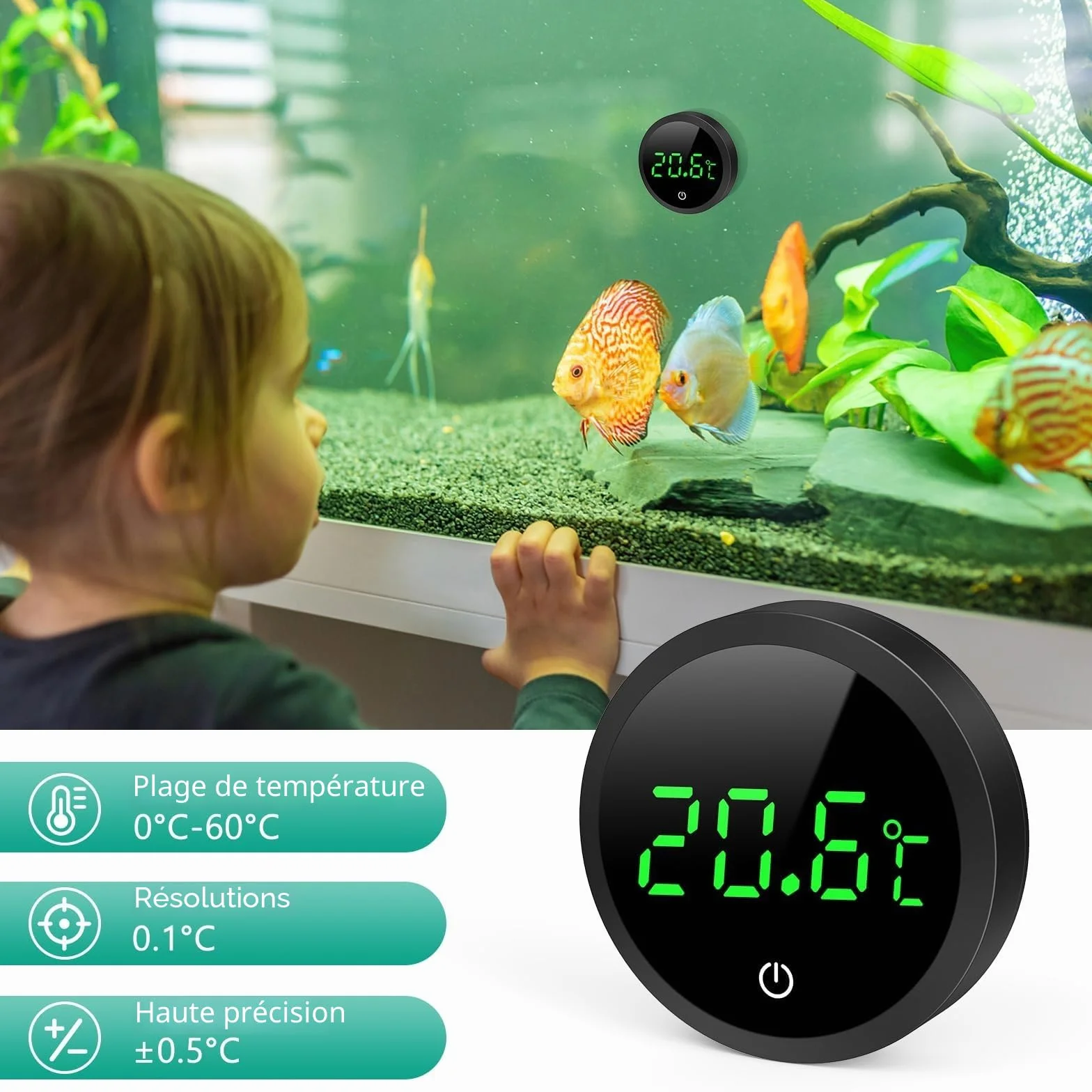 ORIA Thermomètre d'Aquarium, Thermomètre LCD Numérique d'Aquarium Haute Précision 0,1 ℃ avec Boutons Tactiles, Batterie Remplaçable pour Aquarium à Tortues et Aquarium en Verre Tropical - Noir
