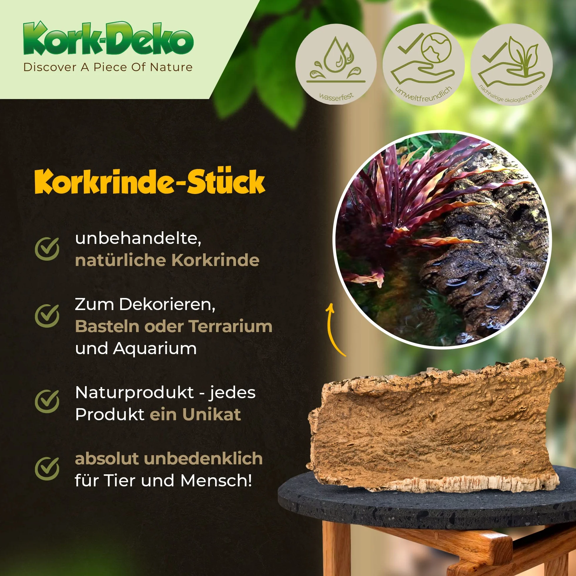 Kork-Deko Ecorce de liège Aquarium Terrarium Décoration Taille XL 50x20 cm