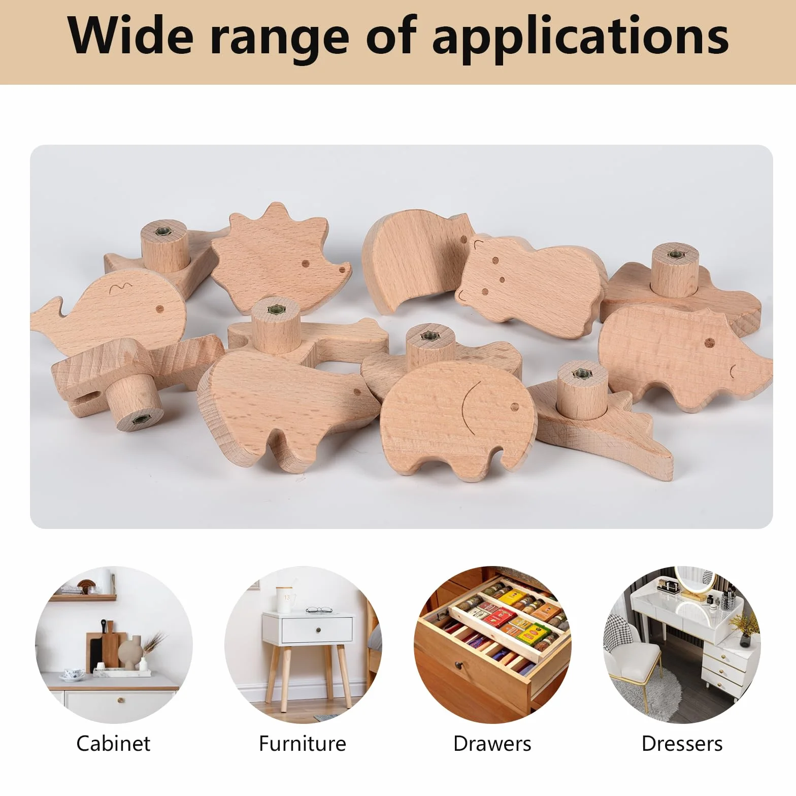 Poignées de tiroir en bois forme animal lot de 12 avec vis chambre enfant