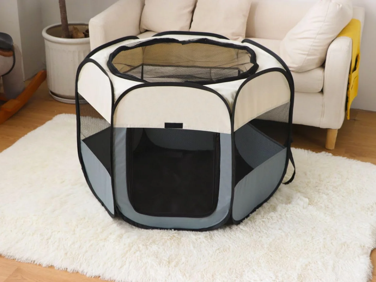 Parc pour Chien Pliable Portable avec Sac Rangement, Enclos pour Chat Chiot Petits Animaux Interieur Exterieur, Tissu Oxford Beige White 110x110x60cm