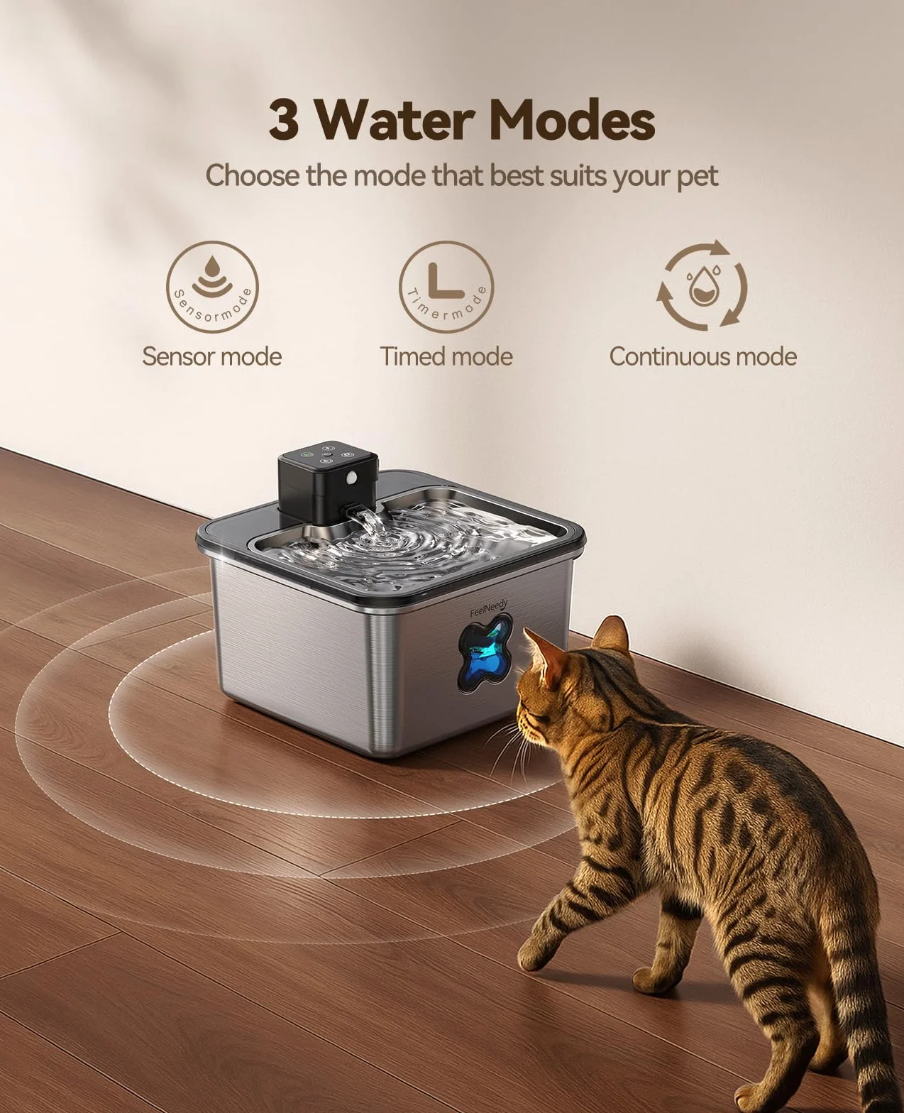 FEELNEEDY Fontaine à Eau pour Chat sans Fil 3.2L INOX avec Détecteur de Mouvement, Batterie 4000mAh