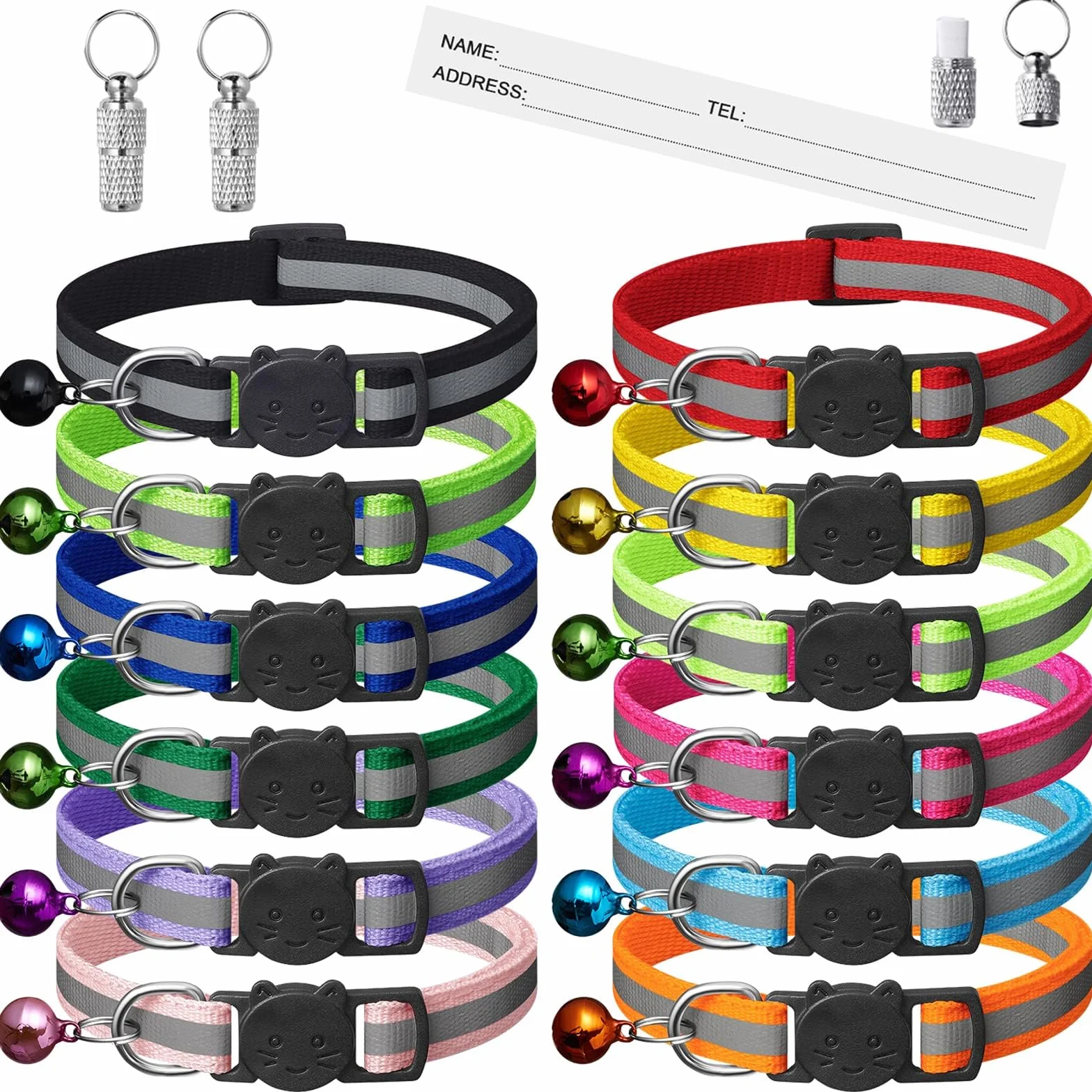 Collier Chat Réfléchissant Anti-étranglement avec Cloche, Réglable, 12 Couleurs, 2 Étiquettes Anti-Perte