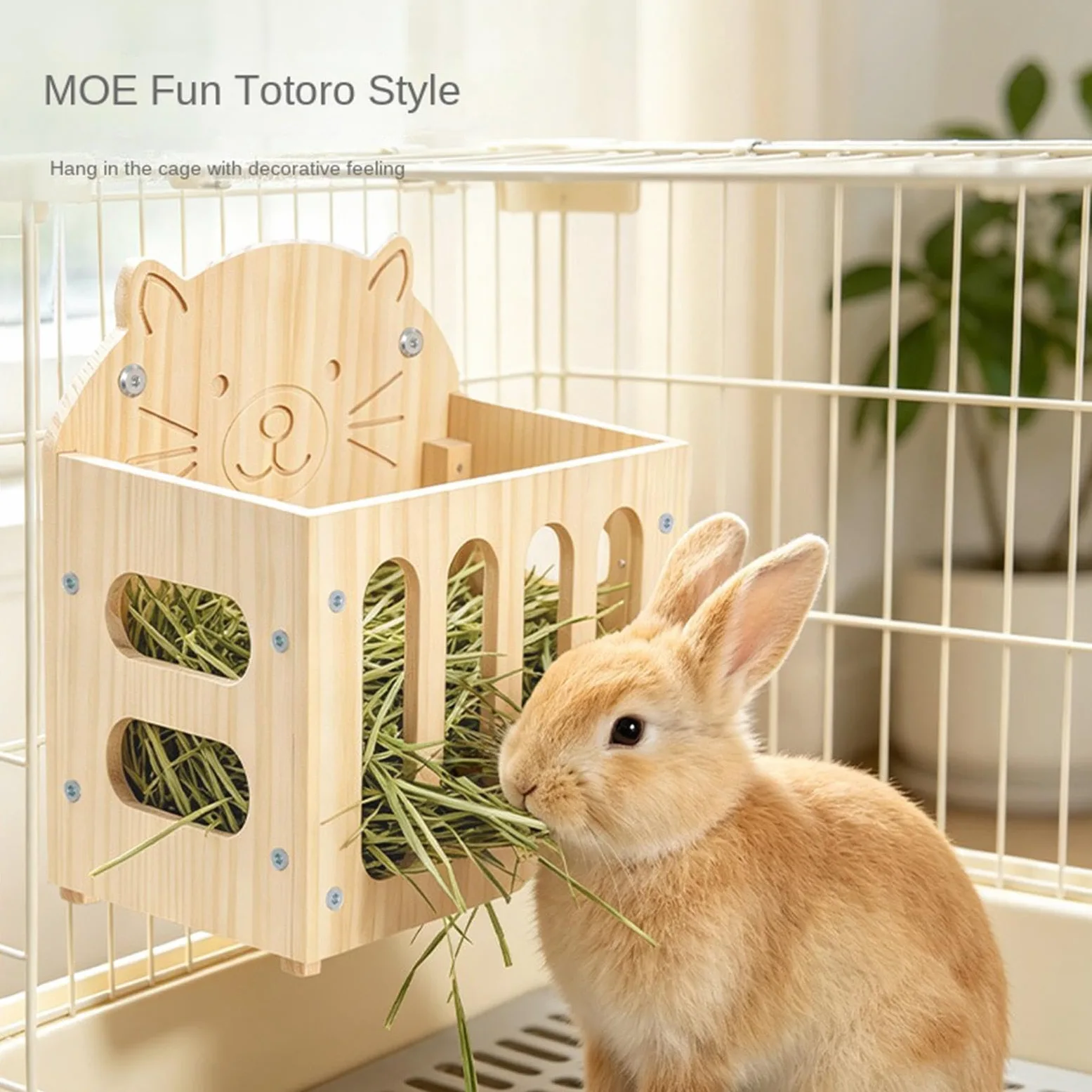 Râtelier à Foin Grande capacité Mignon décor Cage en Bois | porte-foin pour hamster en forme de chat Pour Chinchilla Et Hérisson Intérieur Extérieur