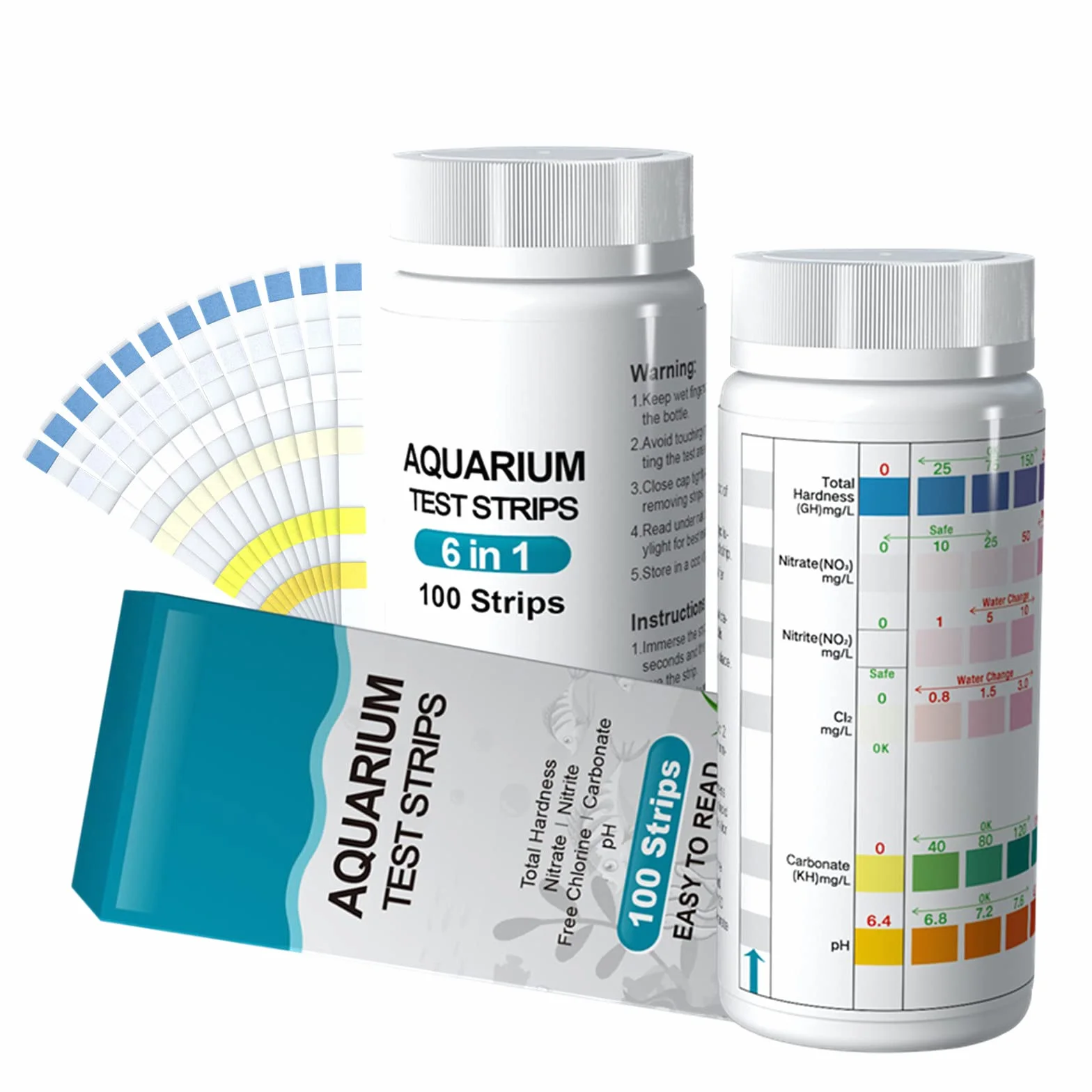 Lot de 100 bandelettes de test 6 en 1 pour aquarium pH nitrite nitrate chlore dureté carbonatée générale eau salée eau douce