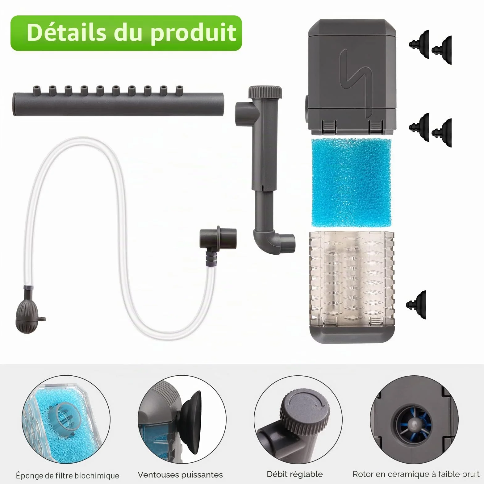 Pompe de filtre d'aquarium interne 600L/H 6W réglable avec barre de pulvérisation pour réservoir jusqu'à 120 litres