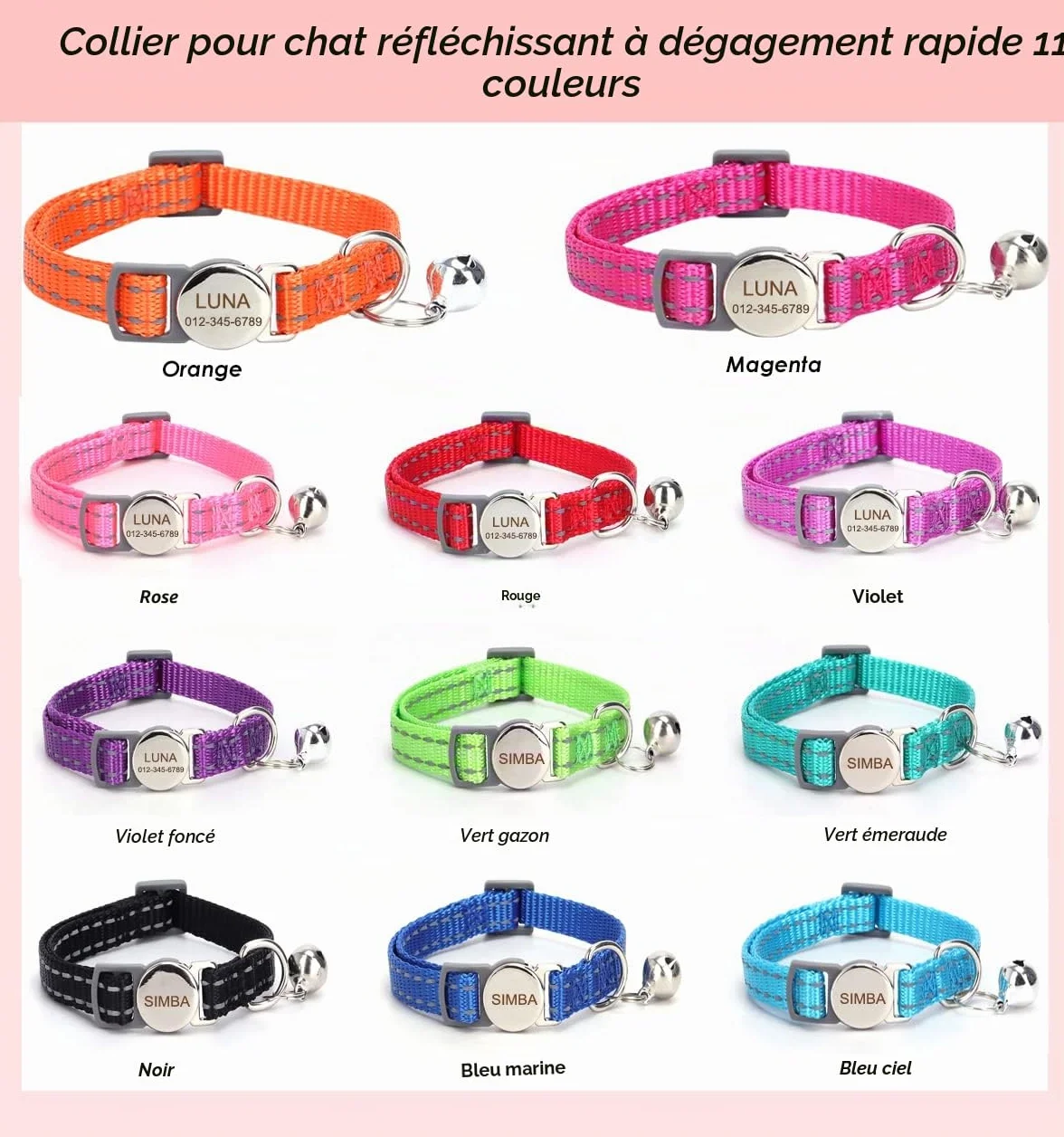 Collier réfléchissant personnalisé pour chat avec clochette - Design détachable - Nom et numéro de téléphone gravés