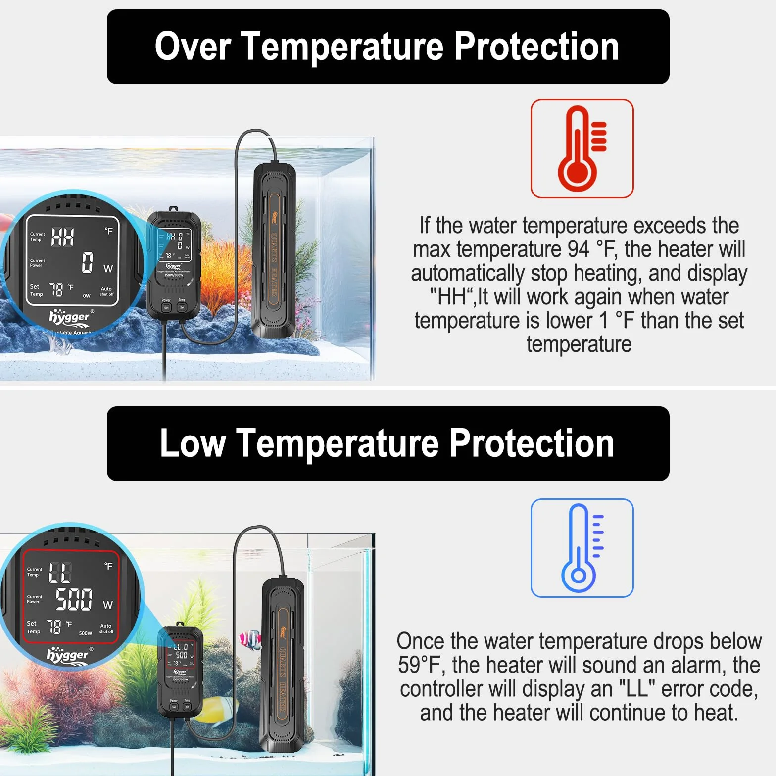 hygger Chauffage d'aquarium Puissance Réglable 500 W/1000 W, Submersible Chauffage pour Aquarium Température de 15 à 35℃ avec Protection Automatique de 400 à 800 litres