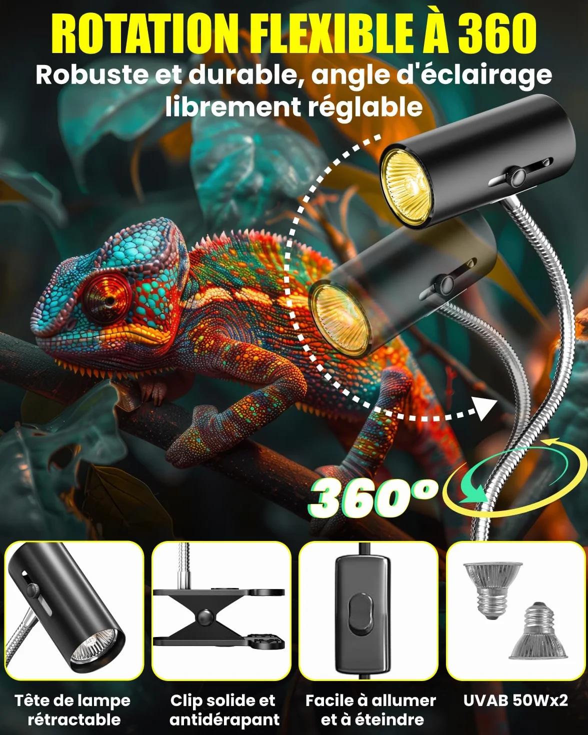 Lampe Chauffante Reptiles Tortue UVA UVB 50W E27 avec Douille Flexible 360° Rotation