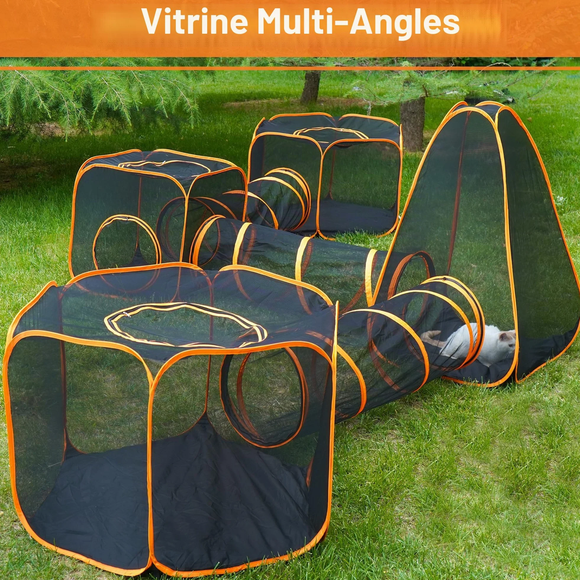 Enclos pliable pour chat Parc d'extérieur portable avec tente en maille et trois tunnels 7 en 1